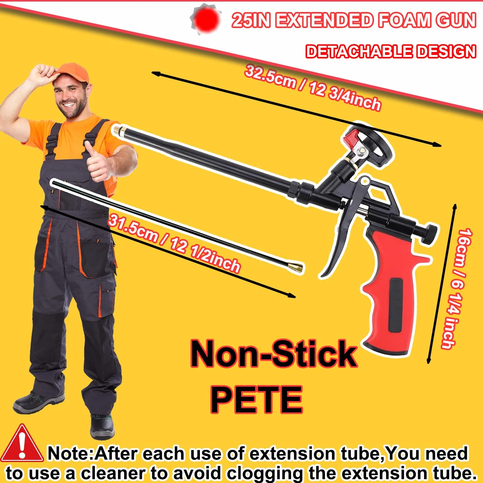 Pistola per schiuma estensibile 63cm - Cesto rivestito PTFE antiaderente, pistola professionale per schiuma espandente, isolamento, calafataggio, riempimento, sigillatura (Rossa)