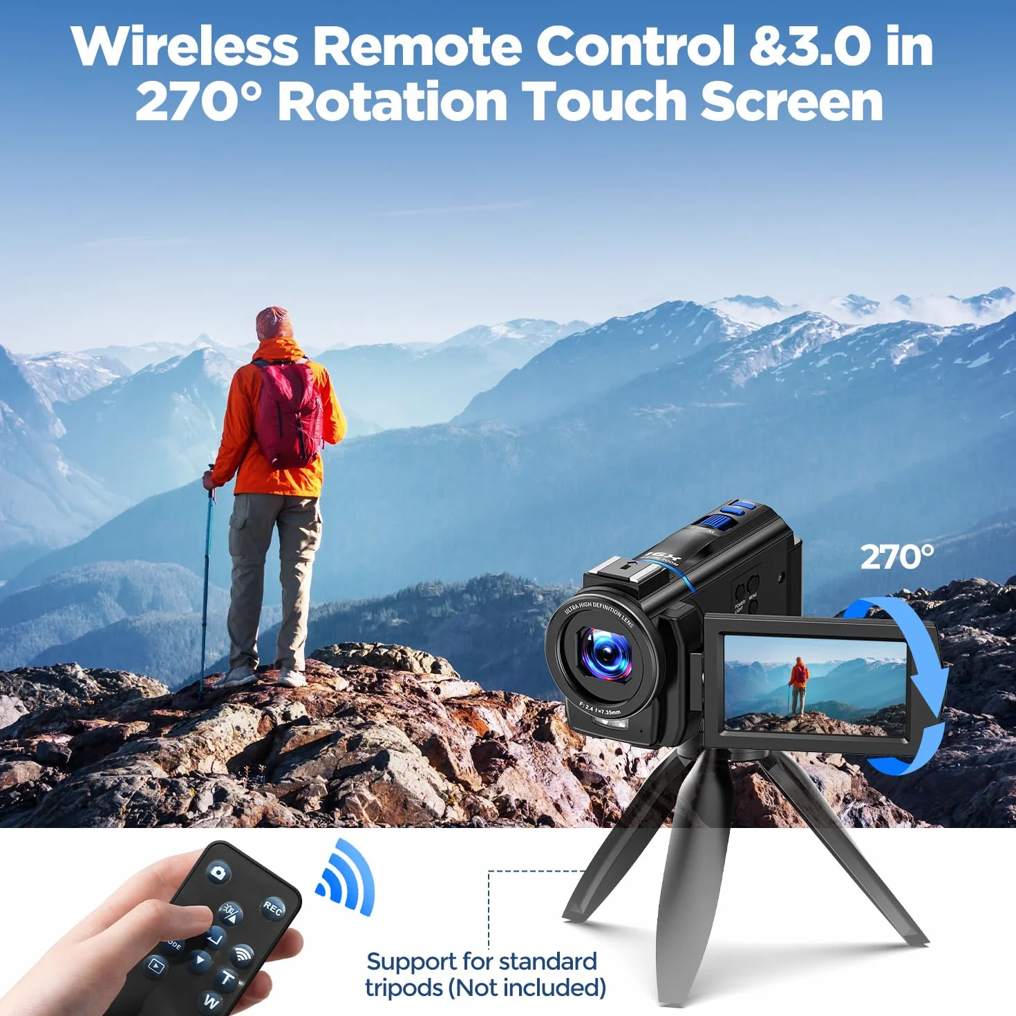Camcorder 5K 48MP Videocamera YouTube Vlogging, Visione Notturna Webcam, zoom digitale 16X, Schermo Tattile 3" 270°, Camera Vlog con con scheda SD da 32 GB, luce di riempimento, telecomando, Batteria