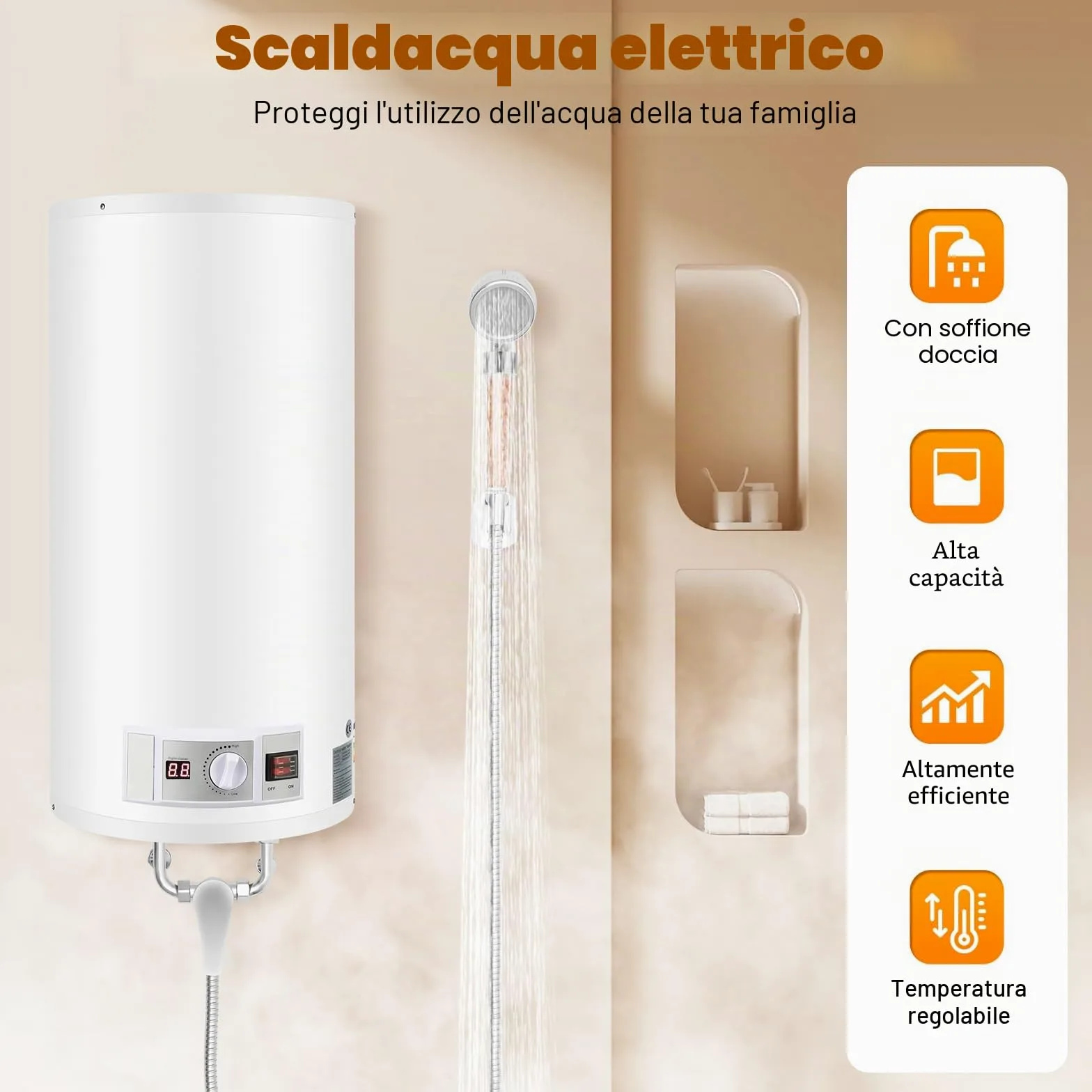 Scaldacqua elettrico, scaldabagno elettrico a risparmio energetico ad alta efficienza, scaldabagno intelligente, intervallo di temperatura 25-75 °C, adatto per cucine e bagni