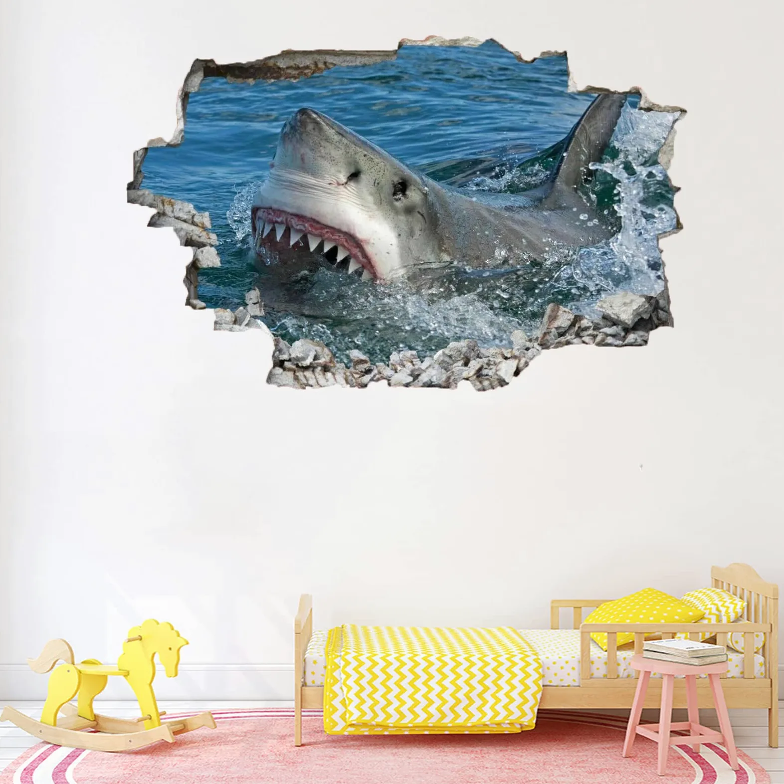 Squalo Decalcomanie Da Muro Art 3D Fracassato Animale Adesivi Murali Removibili Carta Da Parati Camera Da Letto Autoadesivo Per Ragazze Camera Da Letto Nursery Home Decor Gift 75x113cm