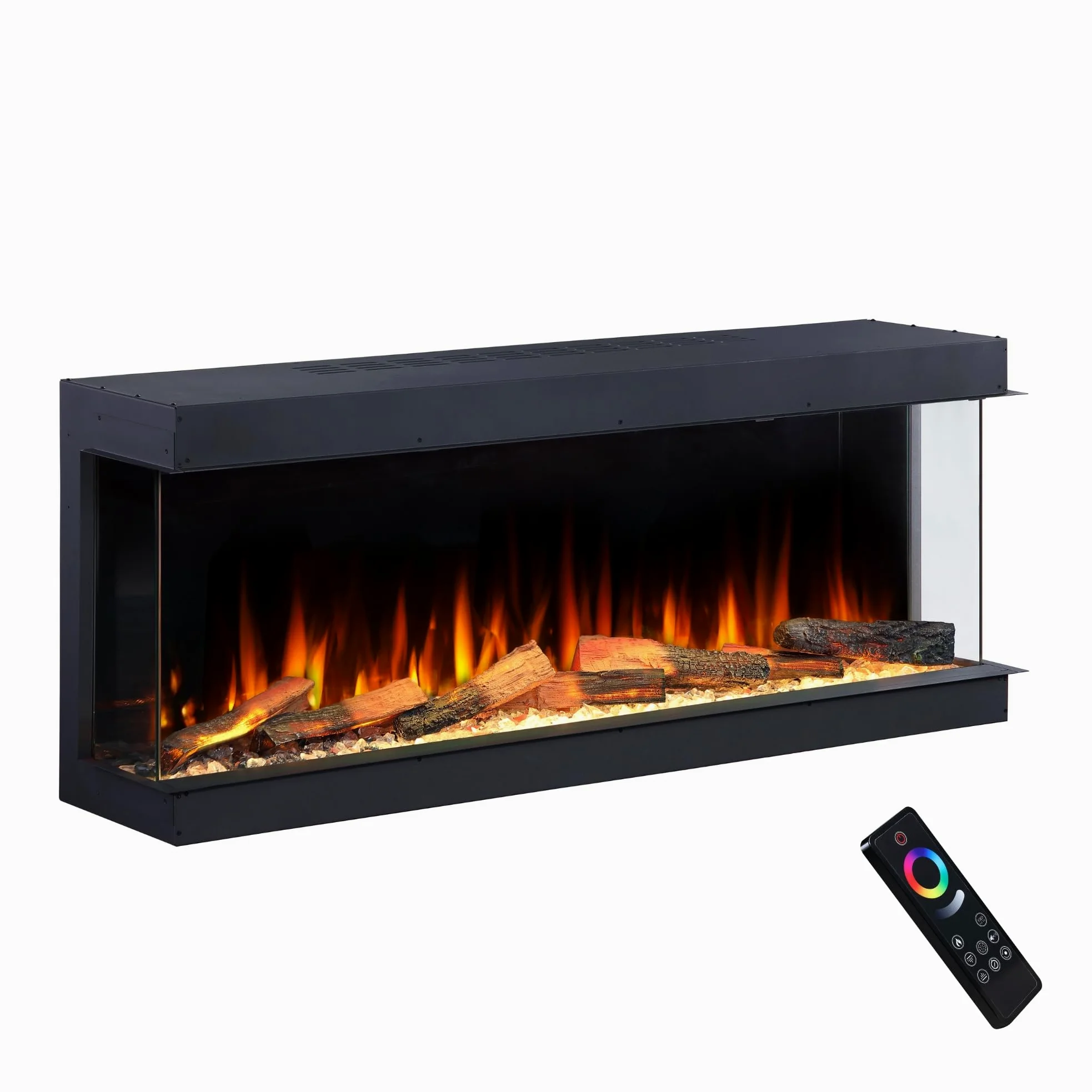 Endeavour Fires Deluxe Rosedale Camino Elettrico 3 Lati per Parete Multimediale, App Wi-Fi Smart e Telecomando, Crepitio del Fuoco, Specchio Nero Riflettente, Set di Ceppi LED, Potenza 1.5 kW (60'')