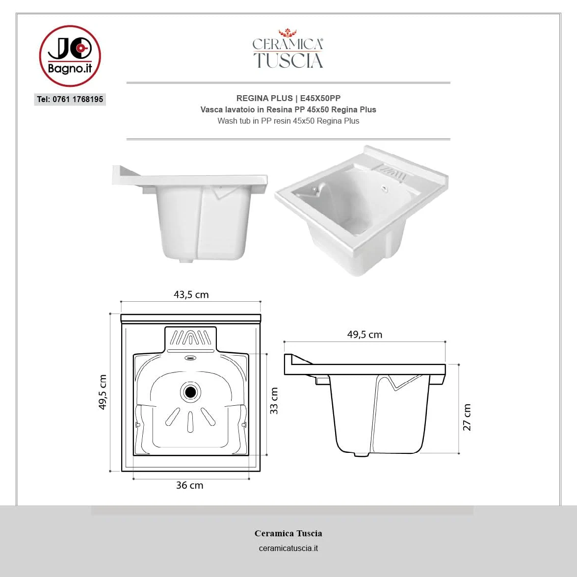 Ceramica Tuscia ZARA Mobile Lavatoio Lavanderia con Vasca in Resina PP (45x50)