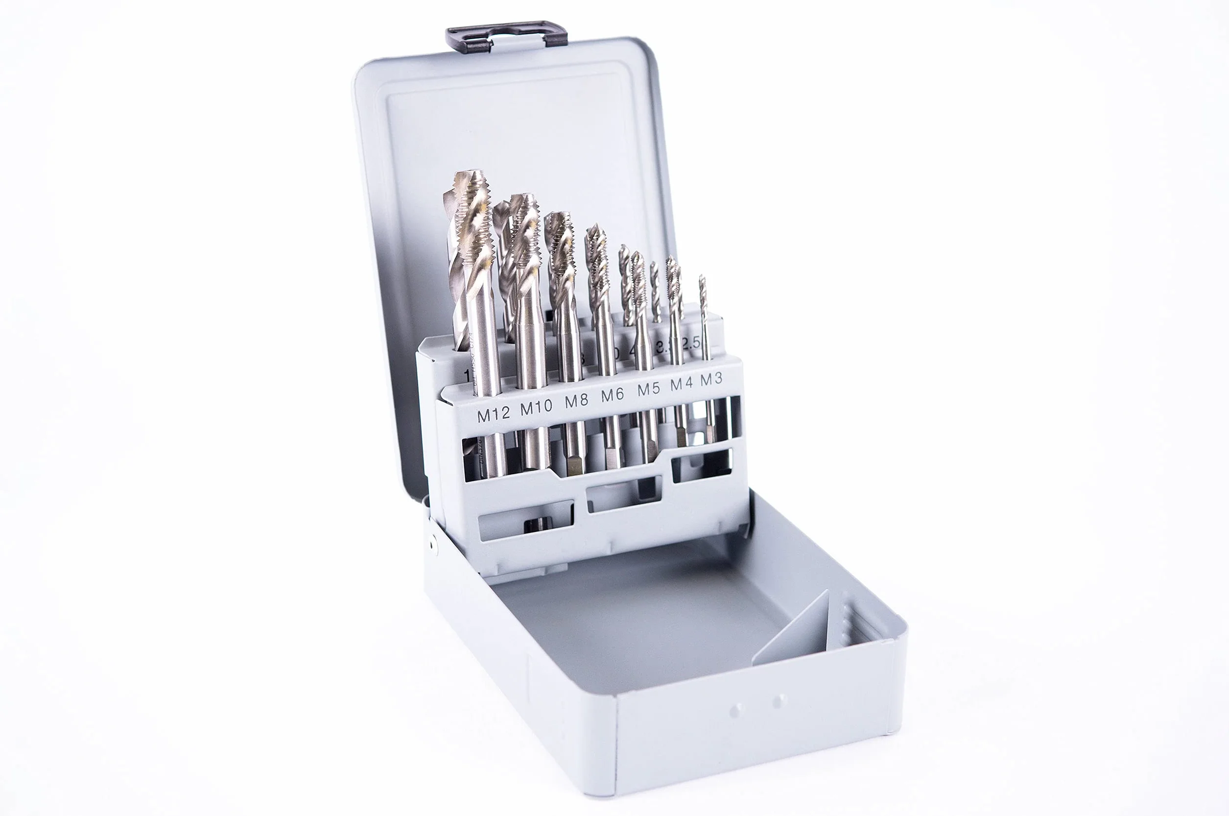 Set maschi filettati M3-M12 HSS-G 14 pezzi foro cieco forma C 35° spirale destra cassetta acciaio