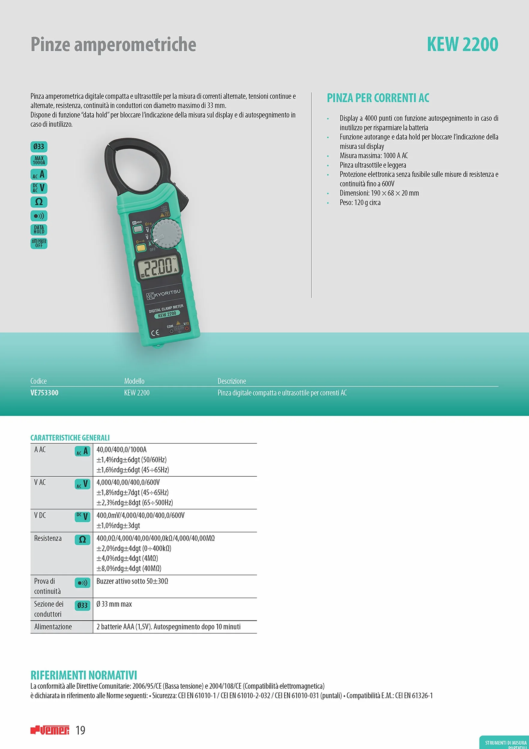 KYORITSU KEW 2200 - Pinza Amperometrica Digitale Compatta per la Misura di Correnti Alternate, Tensioni Continue e Alternate, Resistenza, Continuità in Conduttori con Diametro Massimo di 33 mm, Grigio