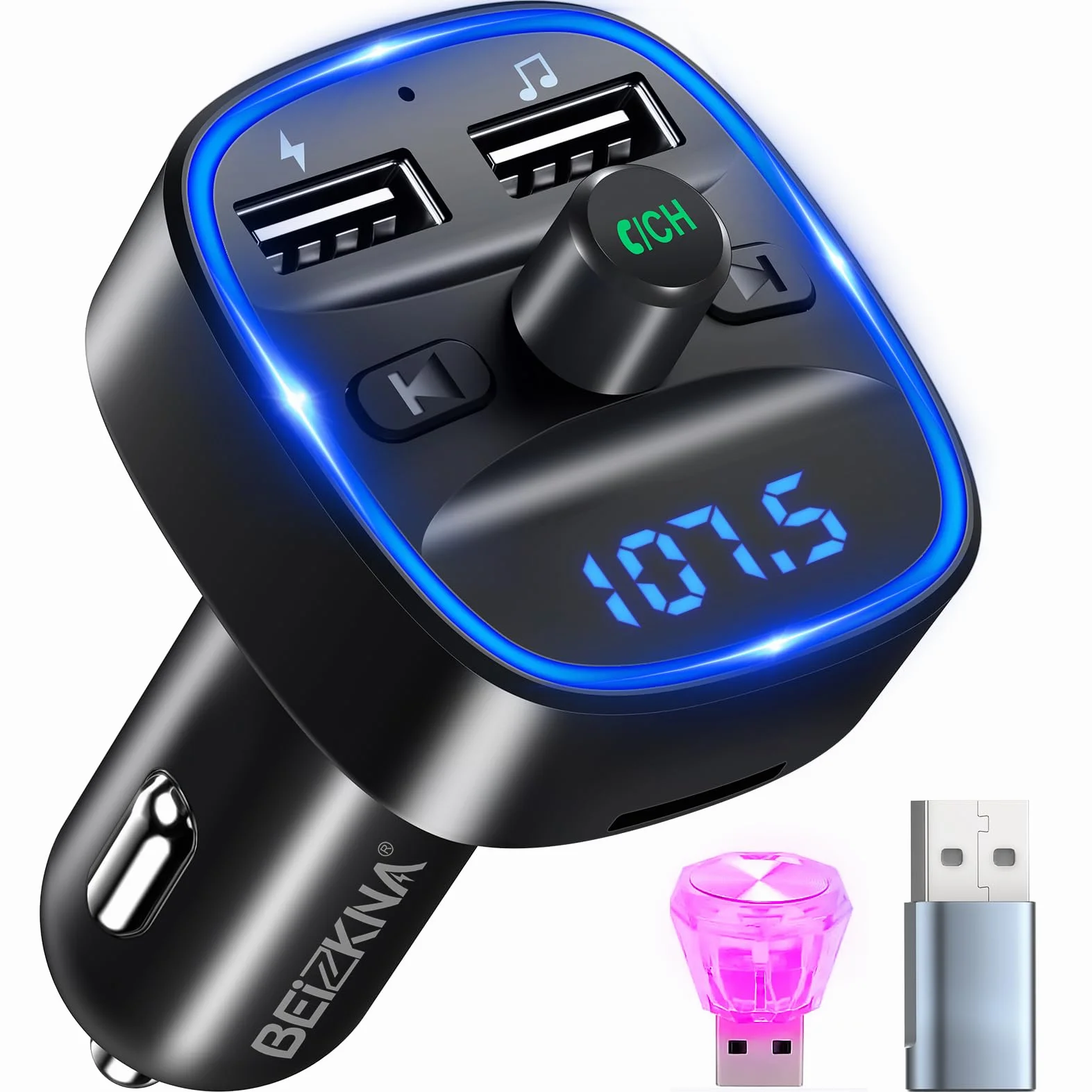 Trasmettitore FM Bluetooth 5.3 per Auto Radio, Adattatore Bluetooth Auto con 2 Porte USB, Kit Vivavoce MP3 Audio Lettore Caricabatterie Auto Supporto BT, Scheda TF, Disco USB
