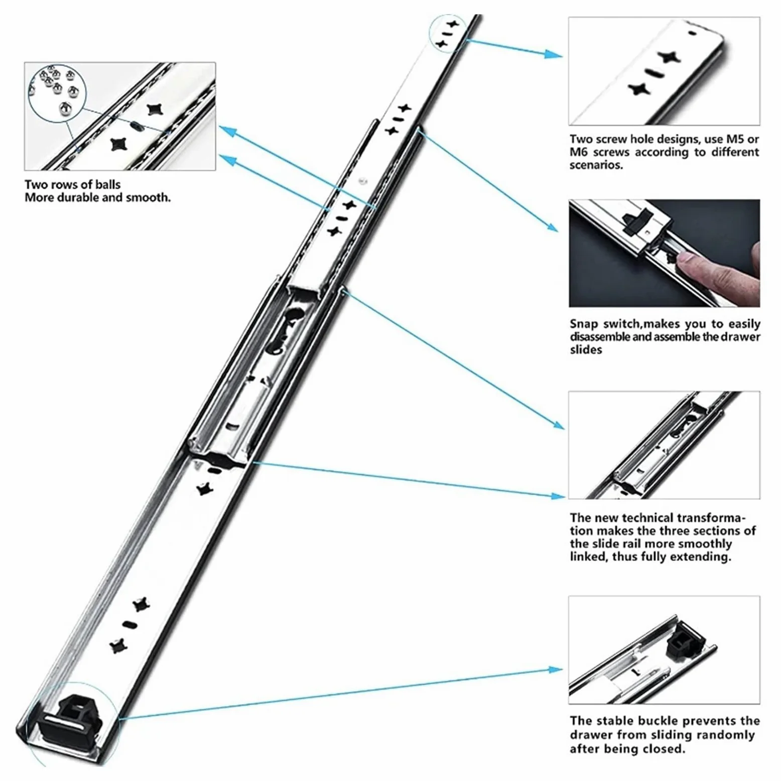 Guide for cassetti for carichi pesanti da 53 mm - Capacità di carico di 120 kg, guide for cassetti lisce ad estrazione completa for armadi e scaffali(450mm)