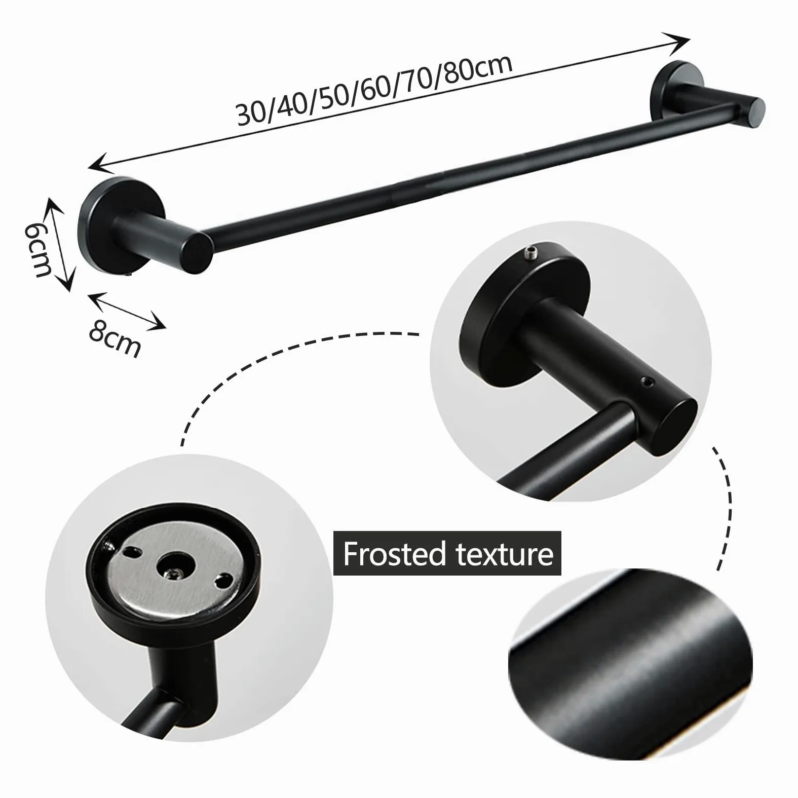Portasciugamani in acciaio inox, 80 cm, nero, rotondo, da parete, per bagno, cucina e WC, resistente portasciugamani con viti incluse