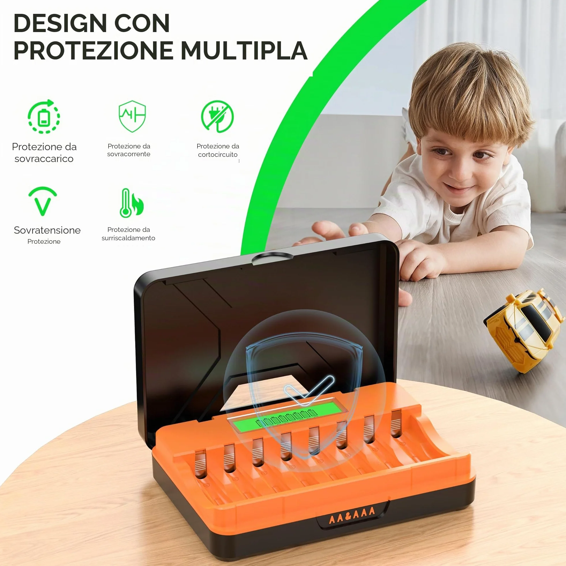 Caricabatterie Pile Ricaricabili Stilo AA e Mini Stilo AAA Intelligente 8 Slot, Ni-MH Ni-CD Ricaricabili Caricabatterie Batterie con Display LCD(con Cavo USB)