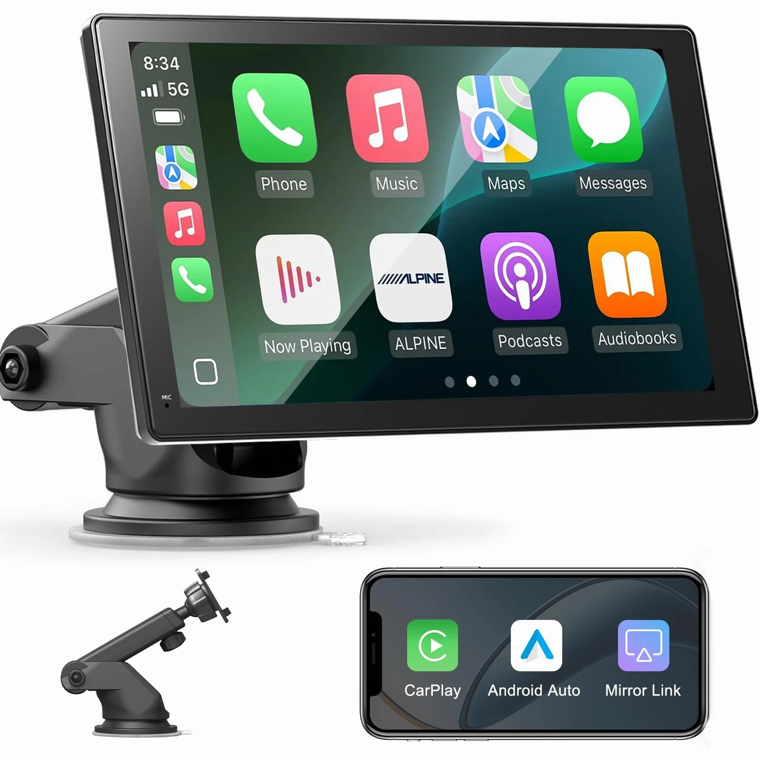 Schermo Per Auto Portatile con Carplay Wireless Andriod Auto,Display da 7 Pollici HD Touchscreen,Autoradio with Mirror Link, Bluetooth, Voice Control, Navigazione GPS,FM Trasmettitore, AUX, Airplay