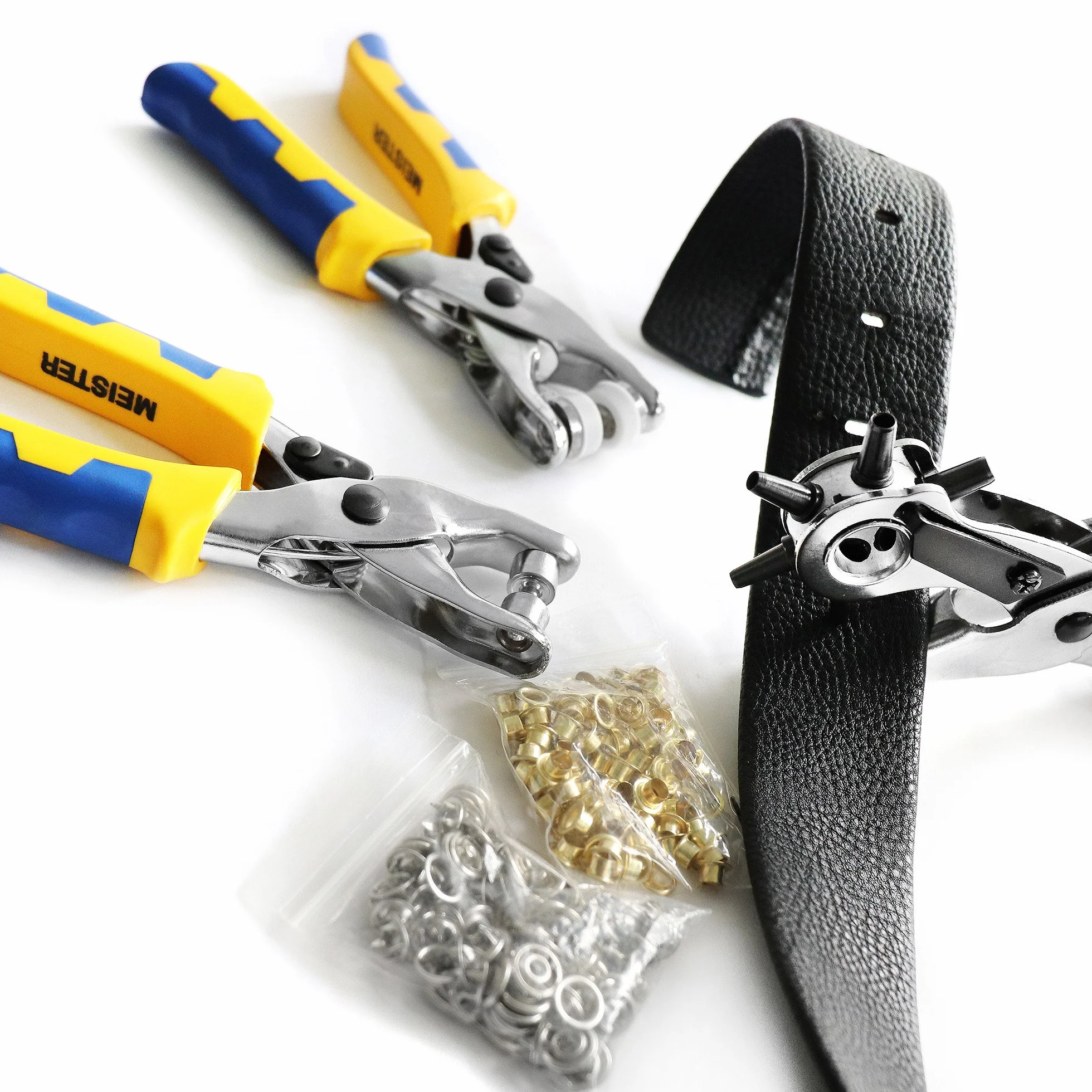 S&R Fustellatrice Occhiellatrice Perforatrice Cuoio Set 3 Pinze 100 Occhielli 4mm 25 Bottoni Borchie 9mm Fustelle 2-4,5mm