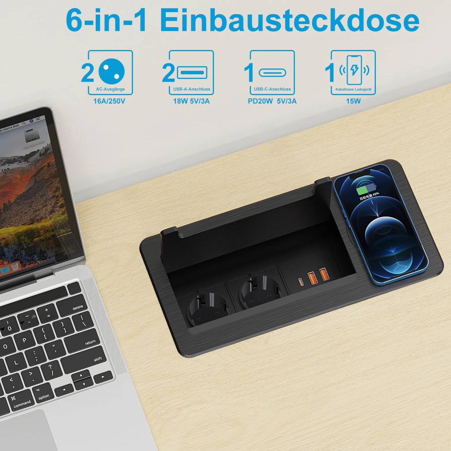 Ciabatta elettrica a scomparsa a 2 prese con 2 USB-C PD 20 W e 1 USB-A, presa da incasso in alluminio con cavo da 2 m, colore nero
