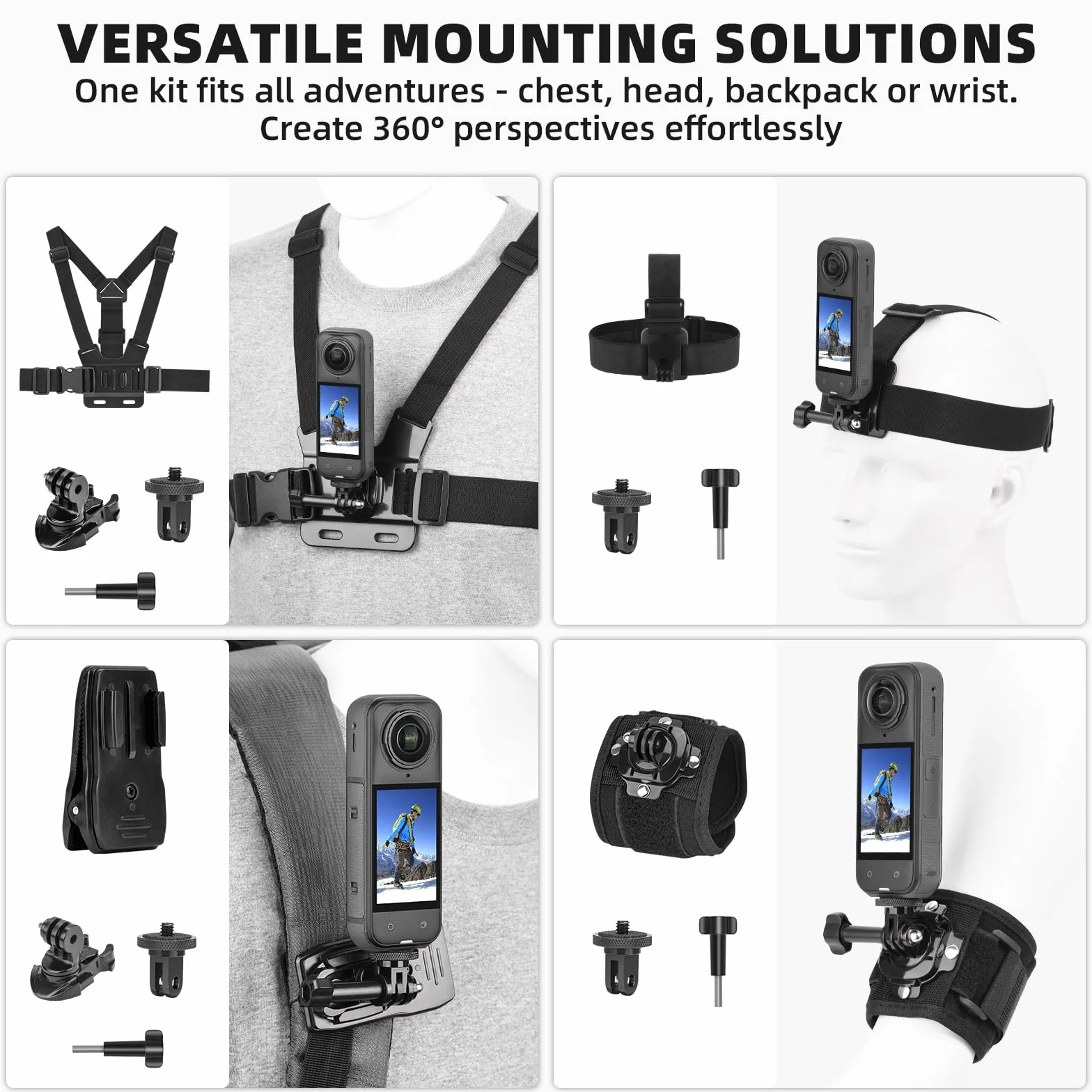 BRDRC Kit di accessori per Insta 360 X5 X4, cinghia per il petto, imbracatura per zaino, supporto da polso, adattatore rotante a 360° + rilascio rapido per Insta360 One X5 X4 X3 X2 X