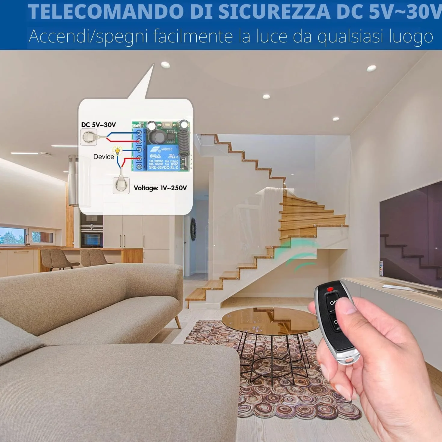 DieseRC Interruttore telecomando senza fili 433 MHz 1 canale Ricevitore relè 5V 12V 24V con 5 Trasmettitori