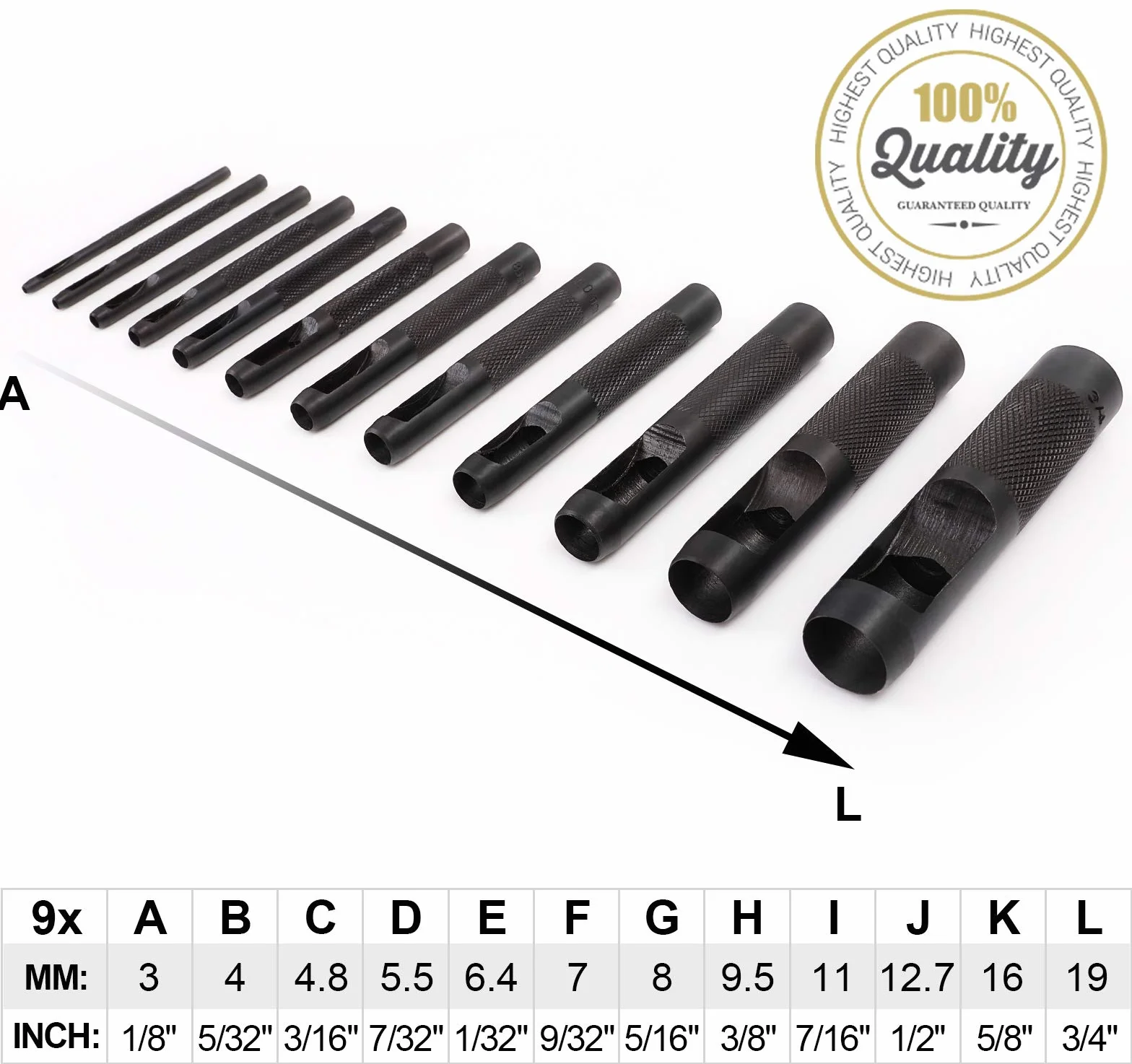 Set Punzoni Acciaio Affilato per Fori Rotondi 1/8"-3/4" 12 Pezzi