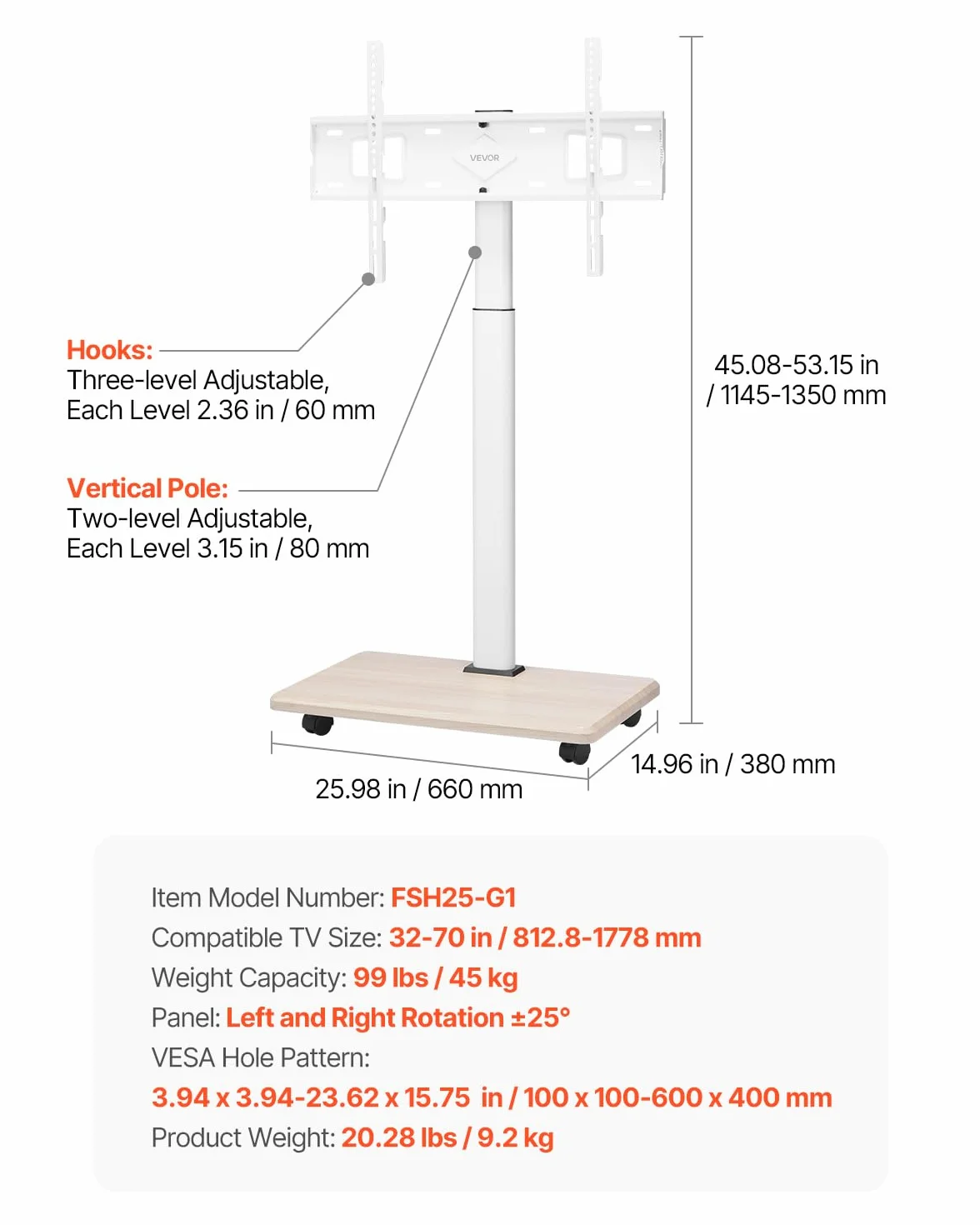 VEVOR Carrello Porta TV con Ruote per Schermo da 812,8-1778 mm Carico max. 45 kg Carrello Porta TV Rotazione Sinistra-Destra 25° Altezza Regolabile con Ripiano per Angolo da Casa Ufficio