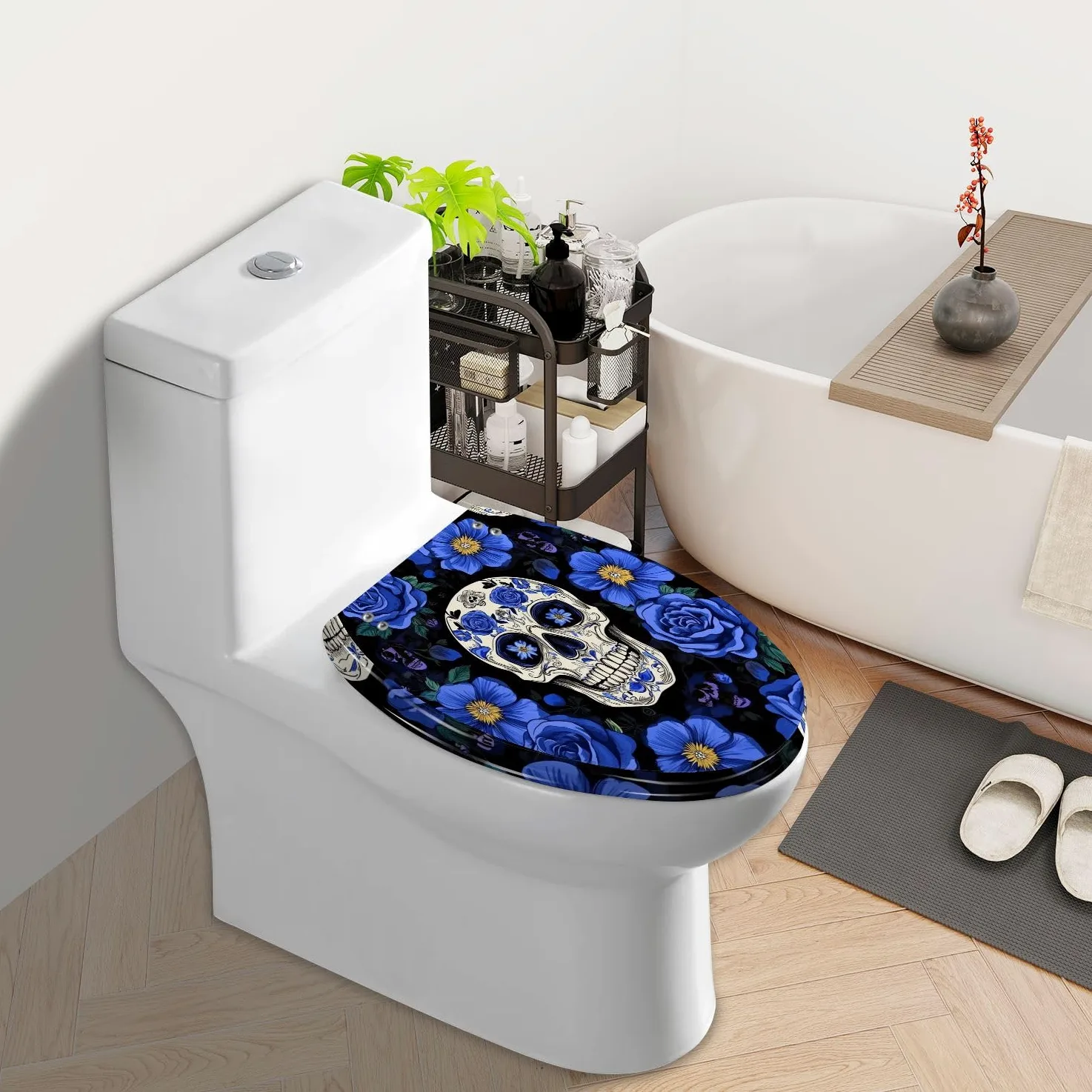 Copriwater Allungato Decorativo In Resina con Teschi Di Zucchero E Fiori Blu, Motivo Nero Senza Cuciture, Chiusura Lenta E Silenziosa, Cerniere A Sgancio Rapido, Facile Da Pulire E Installar
