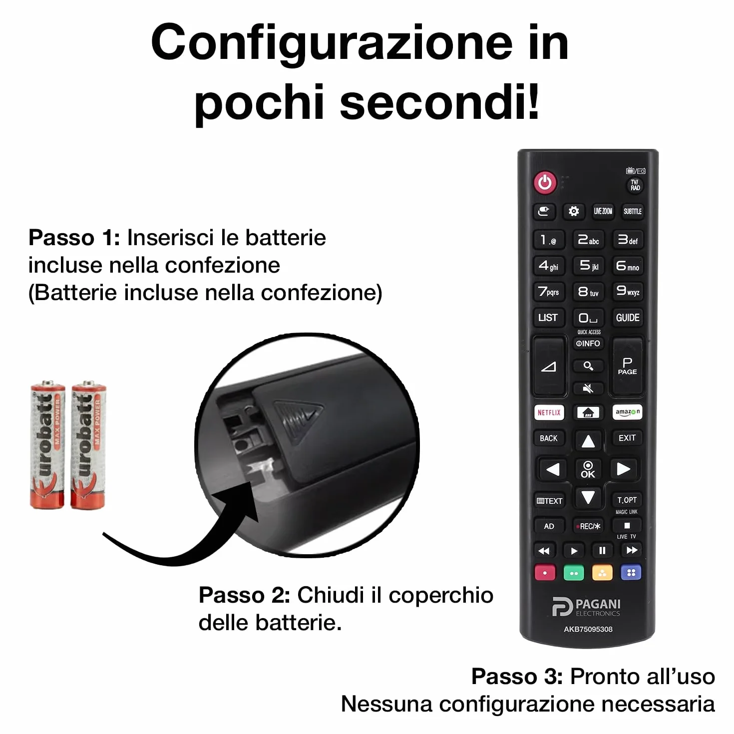 Telecomando Universale LG AKB75095308 Compatibile con TV LG Smart TV, LED, LCD, OLED, UHD, 4K, HD, WebOS, Nessuna Configurazione, Batterie Incluse, Azienda Italiana, Testato in Italia