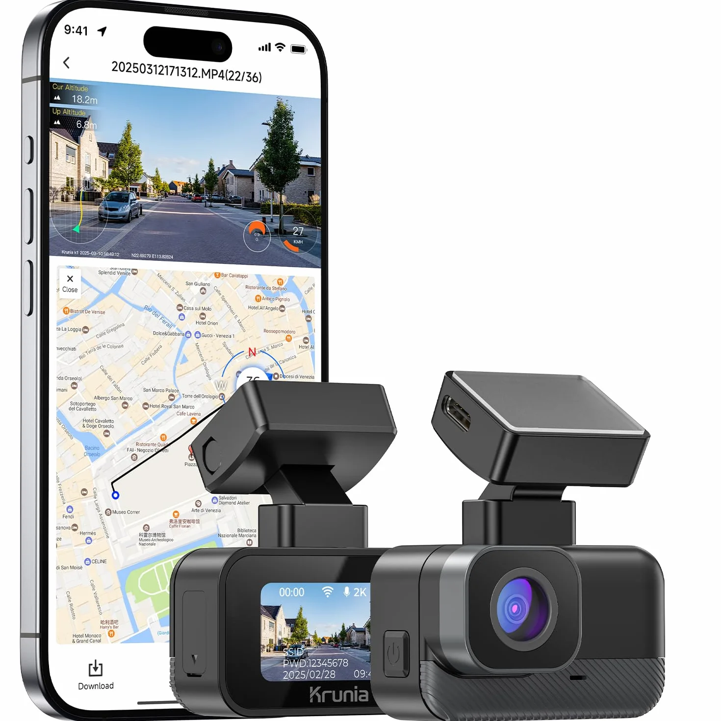 2K Wi-Fi Mini Dash Cam Auto, Telecamera con App, Compatibile con CPL e GPS Esterni, Supporti Magnetici, Visione Notturna WDR, Sorveglianza Parcheggio 24h, Supercondensatore, Angolo 170°