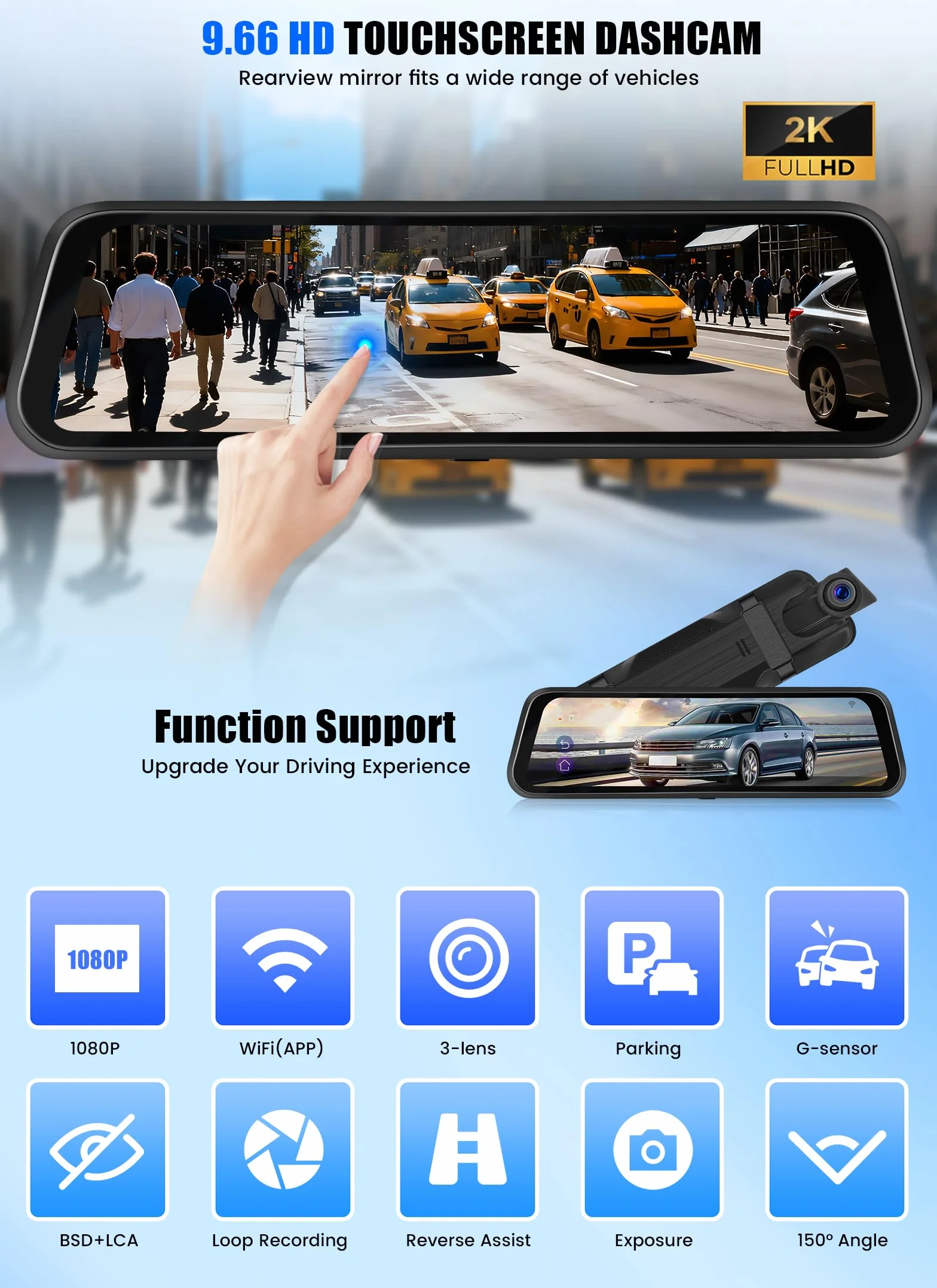 CAMECHO Mirror Dash Cam Schermo da 9.66 pollici 2K, Dashcam con TRE Telecamere: Anteriore/Interna/Posteriore -WiFi registrazione loop/sensore di gravità/assistenza al parcheggio
