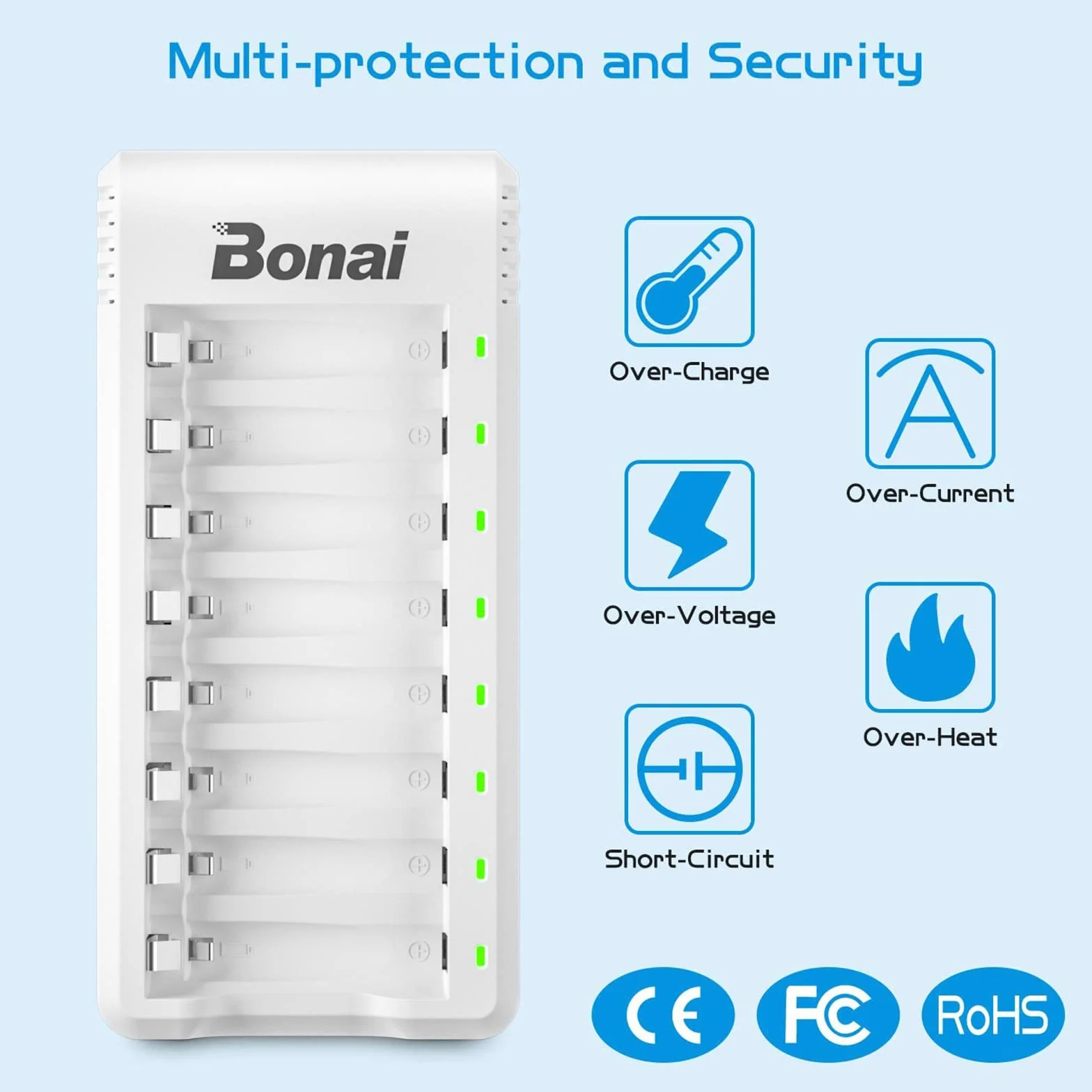 BONAI Caricabatterie Pile Ricaricabili AA AAA con Indicatori LED, Carica Batterie 8 Slot Indipendenti per Ni-MH, Caricatore Intelligente con Ingresso USB per Pile Stilo e Ministilo