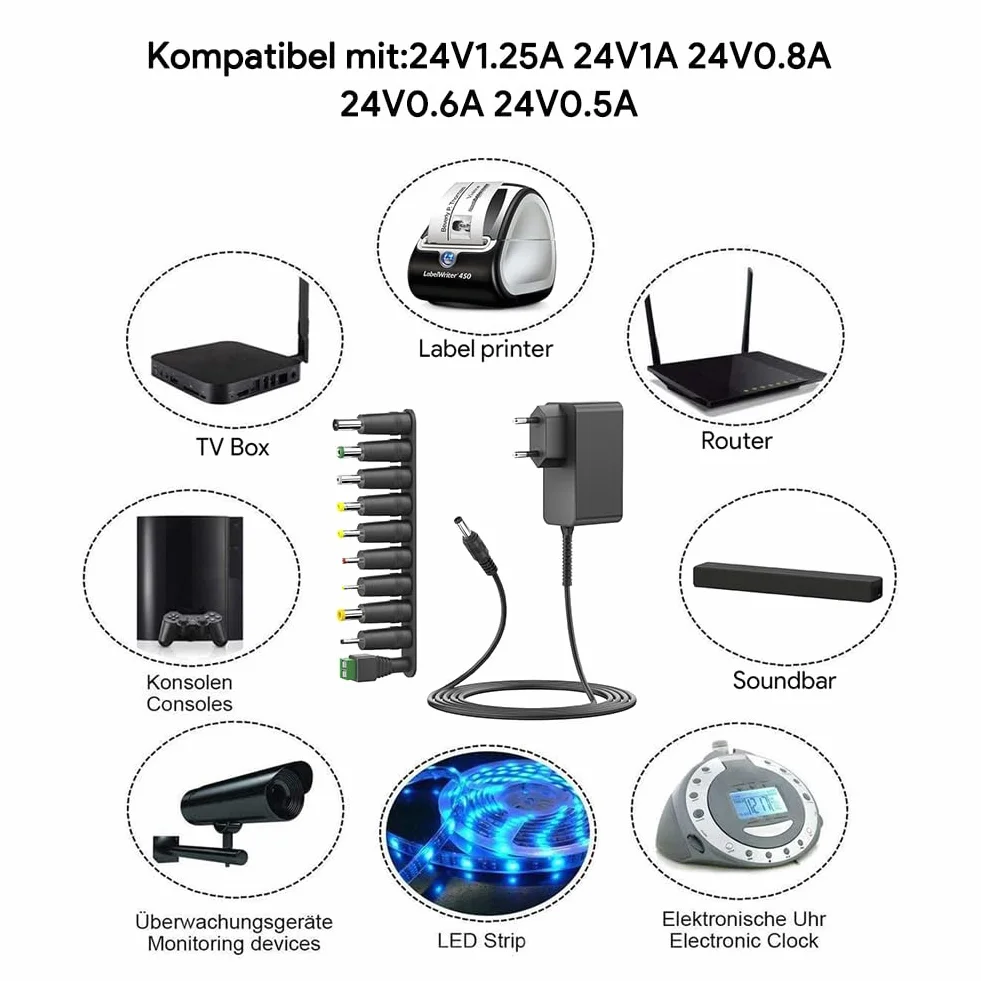 HKY Alimentatore di rete 24 V, alimentatore di rete 100 – 240 V, 50 – 60 Hz, 24 V, adattatore di rete universale, AC/DC, adattatore di commutazione per radio, luce notturna, Speedport, barra luminosa,