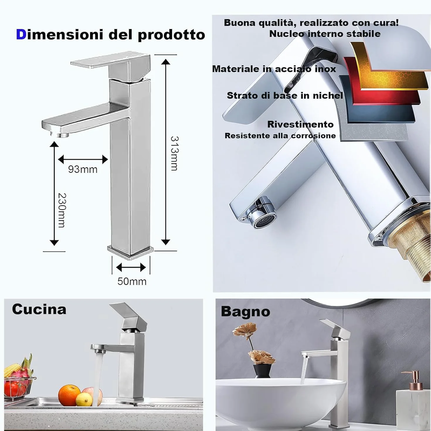 rubinetto di miscelazione in acciaio inox caldo e freddo di alto stile, antigoccia con miscelatore monocomando silenzioso per bagno, lavabo, piccola cucina (spazzolato-h)