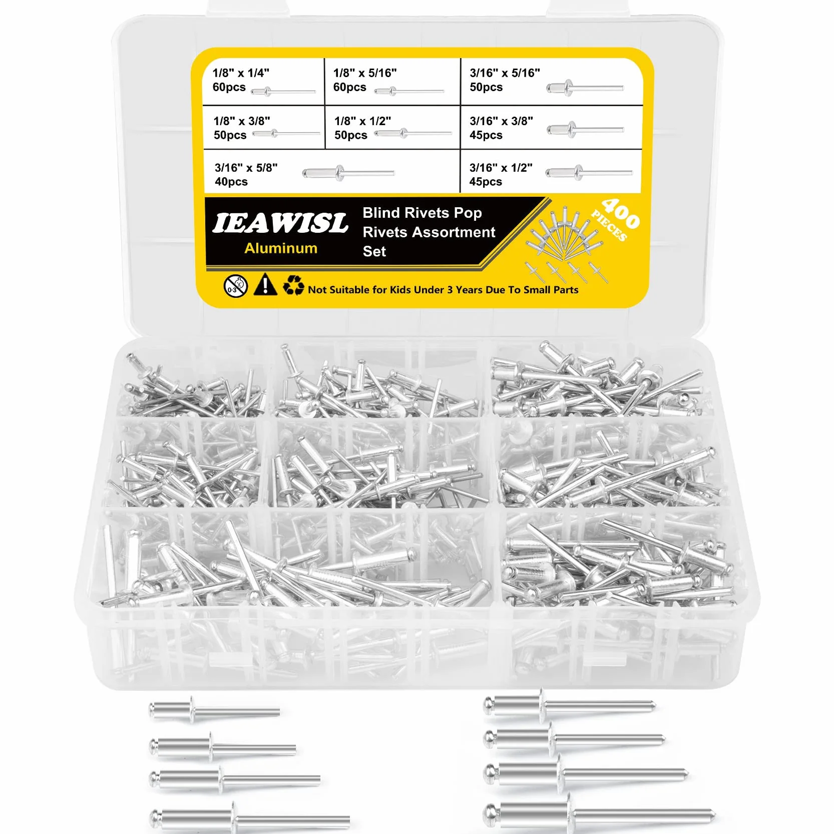 Kit Rivetti Alluminio 400 Pezzi, Pop Rivetti Ciechi 8 Misure per Metallo Plastica Legno