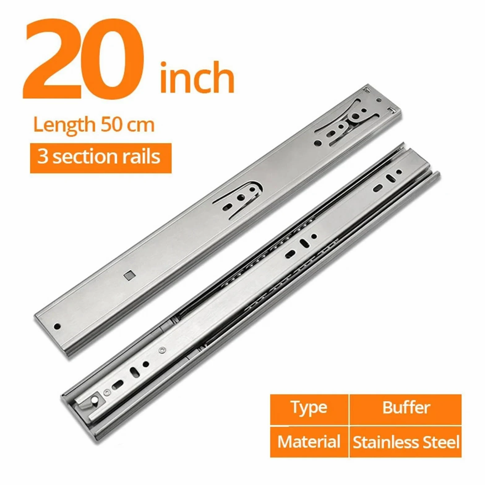 Guide for cassetti in acciaio inossidabile da 10" a 22" Binario for cassetti con chiusura ammortizzata Binari for cassetti a tre sezioni Rullo for mobili Ferramenta for mobili(20inch-50cm(Buffer))