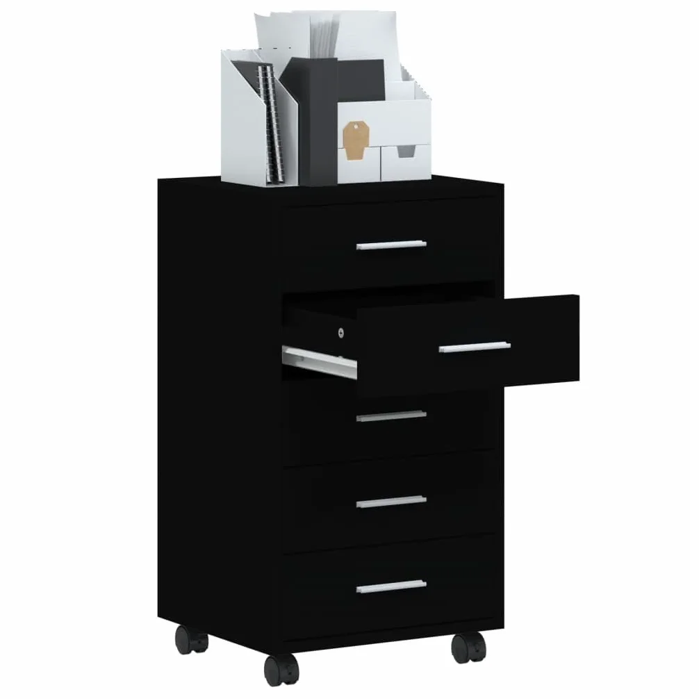 Cassettiera con ruote, in legno nero, 5 cassetti, per ufficio e casa, 33 x 38 x 63 cm