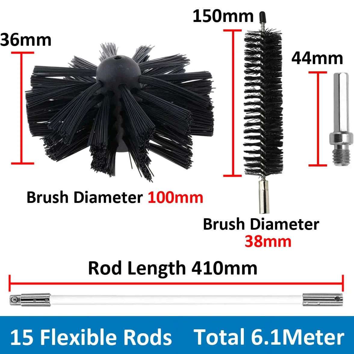 Kit di Pennello per Pulizia del Camino Spazzole per Camini Nylon Rotante Flessibile Spazzola Pulizia con 15 Aste Flessibili 1 Testa Pennello 200mm 1 Testa Pennello 38mm