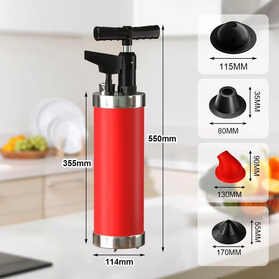 Pompa Stura Scarichi a Pressione con 4 Teste Intercambiabili, Tubo di Collegamento, Sturalavandini a Pressione con Manometro Visivo, Sturalavandino ad Aria Compressa, Rosso