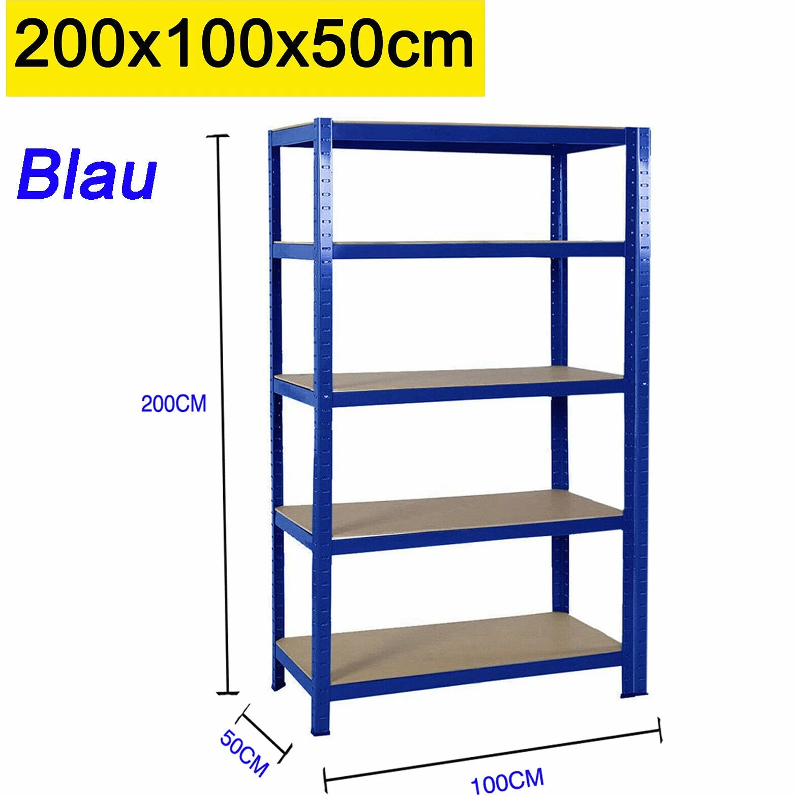 DayPlus Scaffalatura in metallo resistente e regolabile per carichi pesanti in metallo, per garage, cantine, officine, con 5 ripiani in MDF, portata 875 kg, portata 200cm x 100cm x 50cm, Blu
