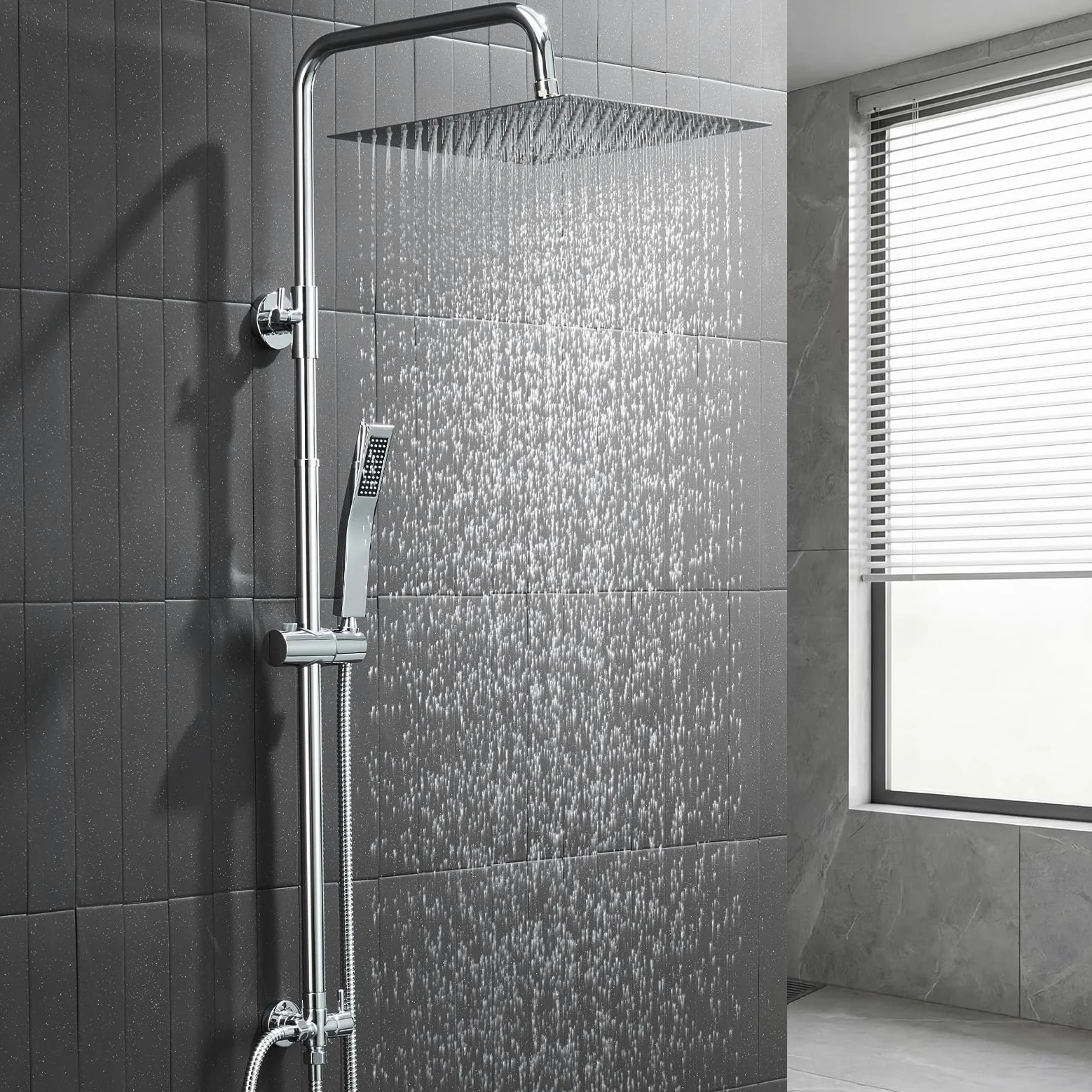 Auralum Colonna Doccia senza Miscelatore, Colonna Doccia Acciaio Inox con Saliscendi Doccia Altezza Regolabile 72-110cm, Asta Doccia con Soffione e Doccetta, Doccia Soffione con Doccetta Cromo 25x25cm