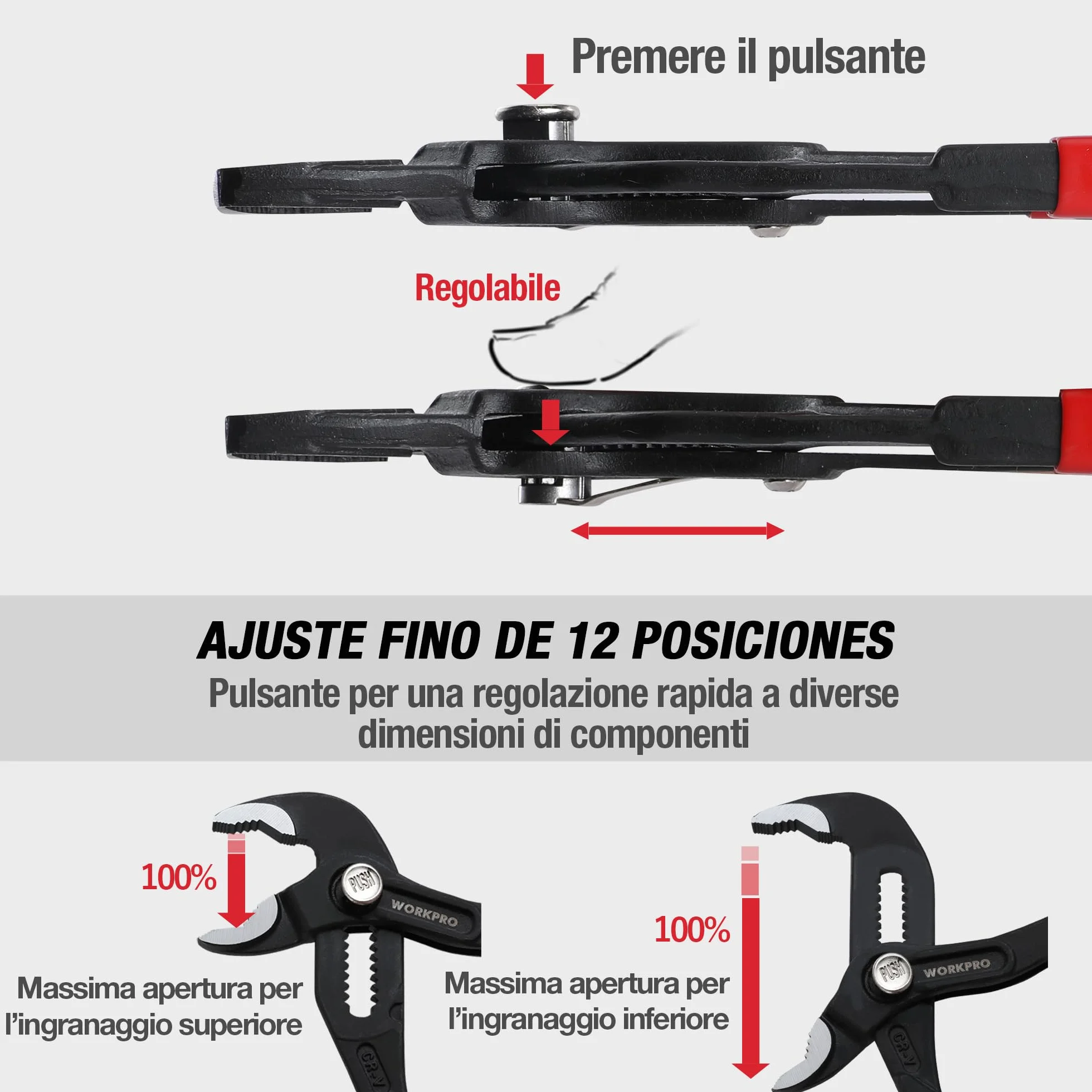 WORKPRO Pinze Regolabili per Tubi e Dadi 250mm, Pinza a Pappagallo a Regolazione Rapida