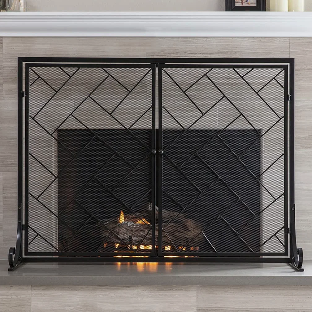 Decorazione per camino, in ferro battuto, parascintille in ferro battuto, design cavo, divisorio per caminetto, 101 x 80 cm, recinzione per stufa semplice e funzionale