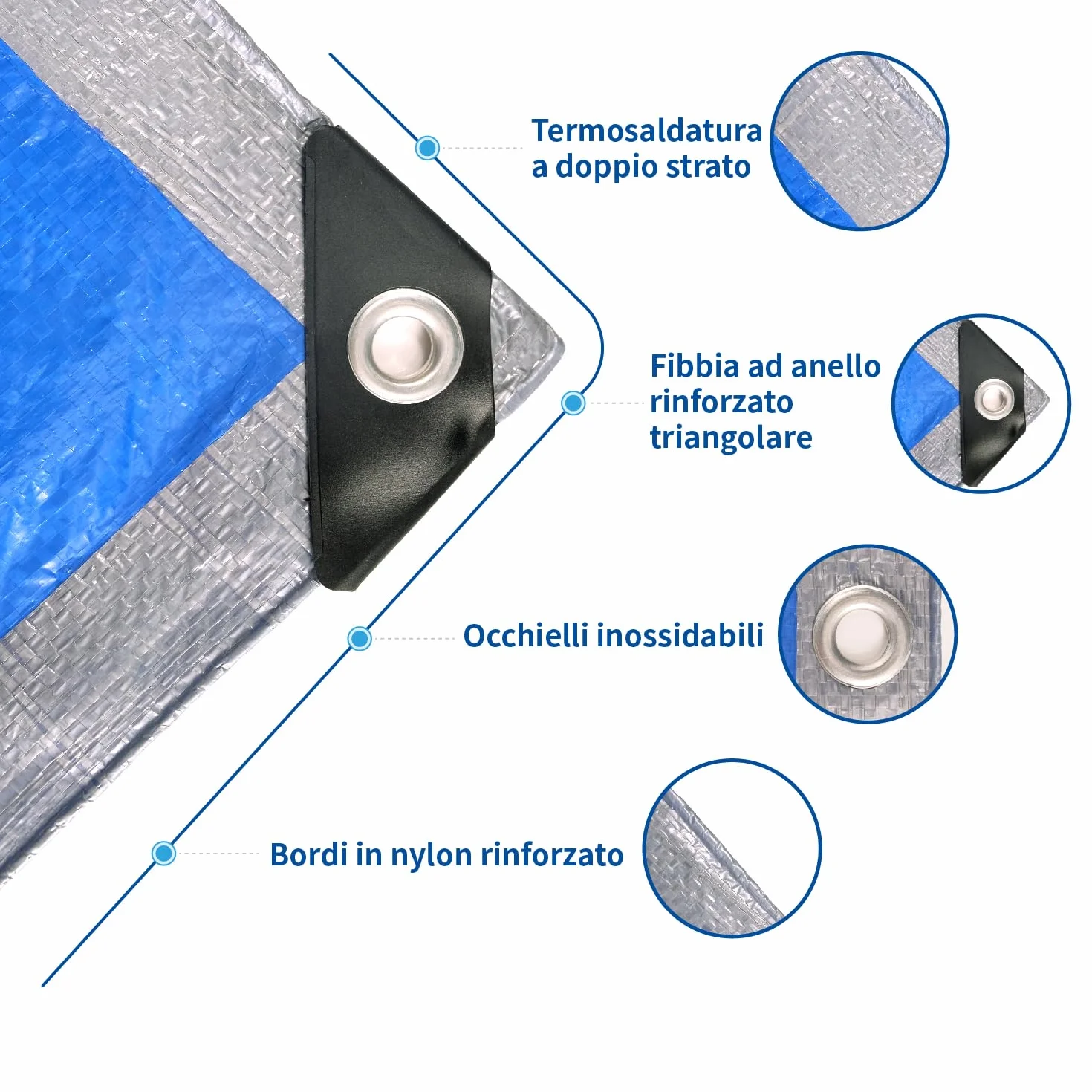Telone Occhiellato Leggero Argento/Blu Antistrappo Impermeabile Antivento e Resistente ai Raggi UV per Auto,Camion,RV,Casa,Tenda,Barca,Piscina Telo 65g/m² （3x5）