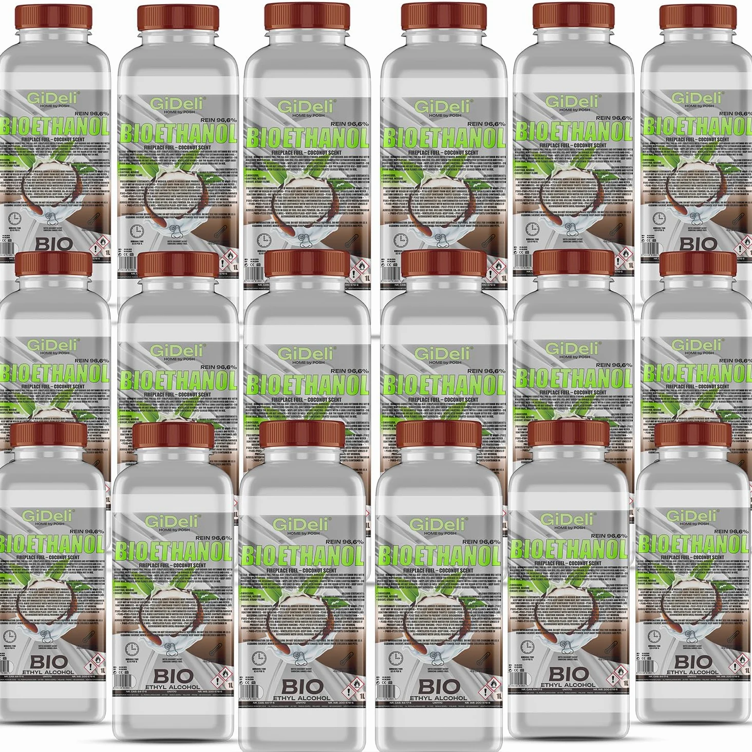 GiDeli Bioetanolo 18 x 1 l profumo di cocco 96,6% etanolo per camini interni ed esterni, senza fumo e fuliggine, da mais e barbabietola da zucchero