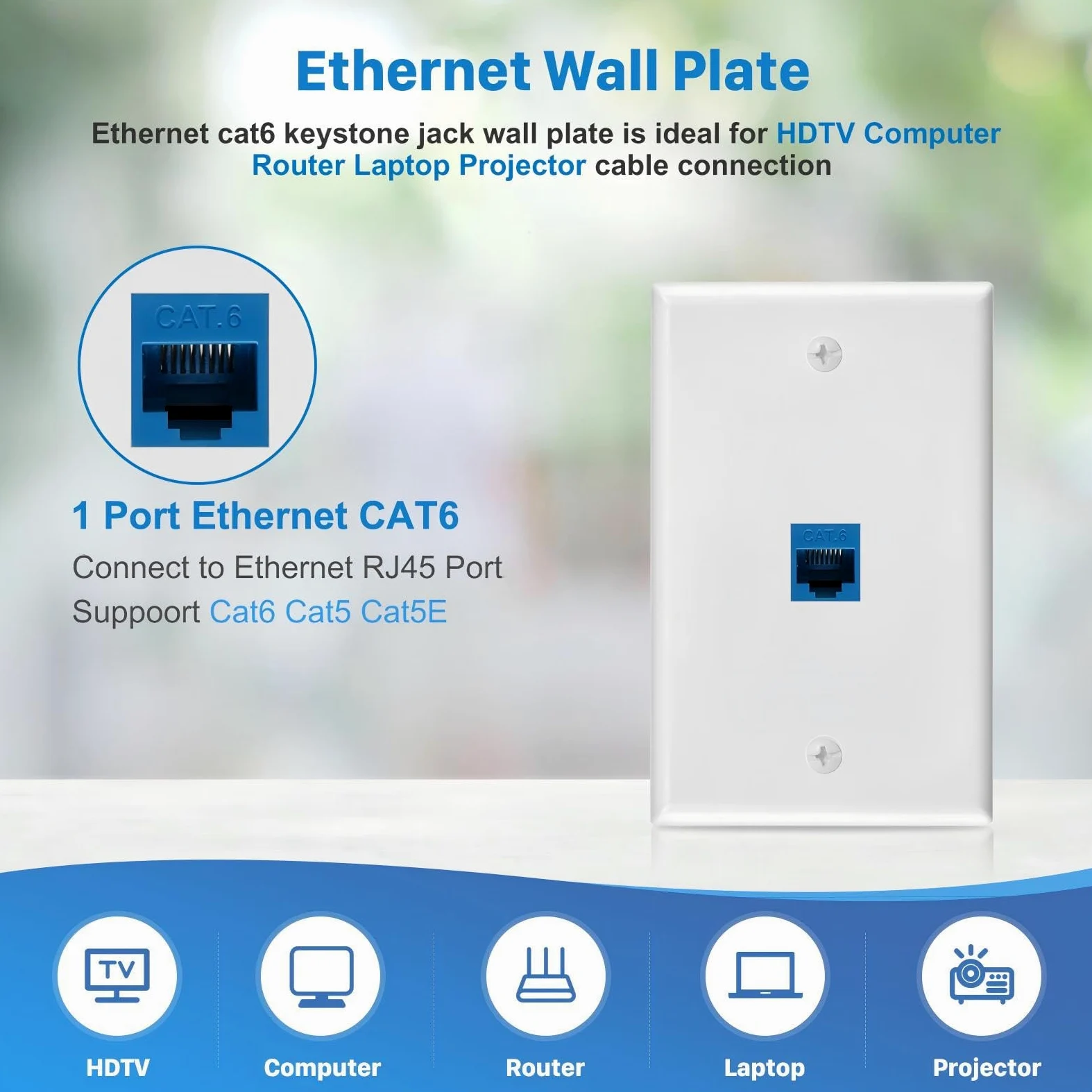 Confezione da 10 prese Ethernet a muro, 1 porta Cat6 RJ45 Keystone Jack con staffa di montaggio a bassa tensione a banda singola, piastra a parete Ethernet, accoppiatore blu femmina a femmina