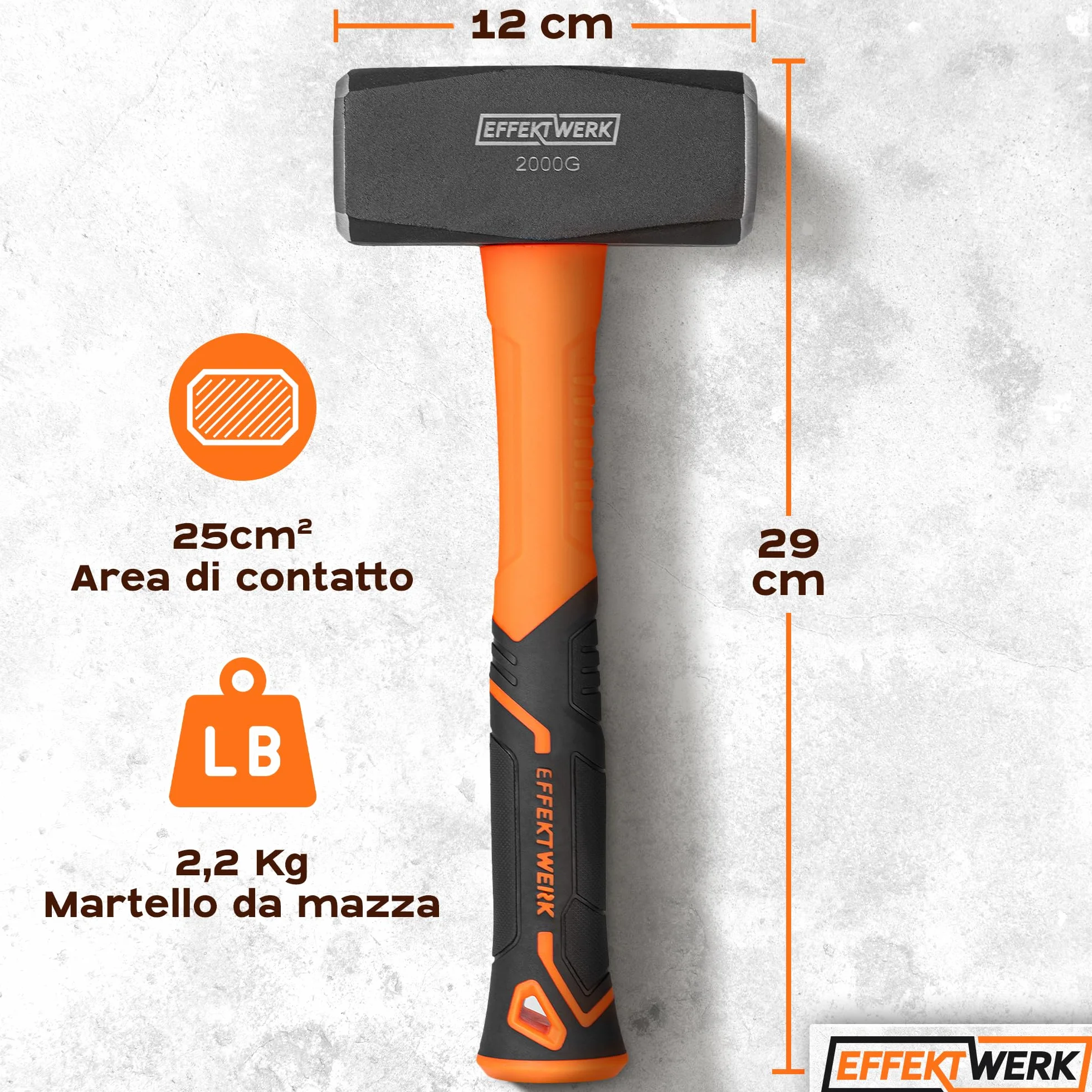 Martello a manico lungo 2 kg 4,4 lb fibra di vetro 24 cm testa in acciaio forgiato demolizione