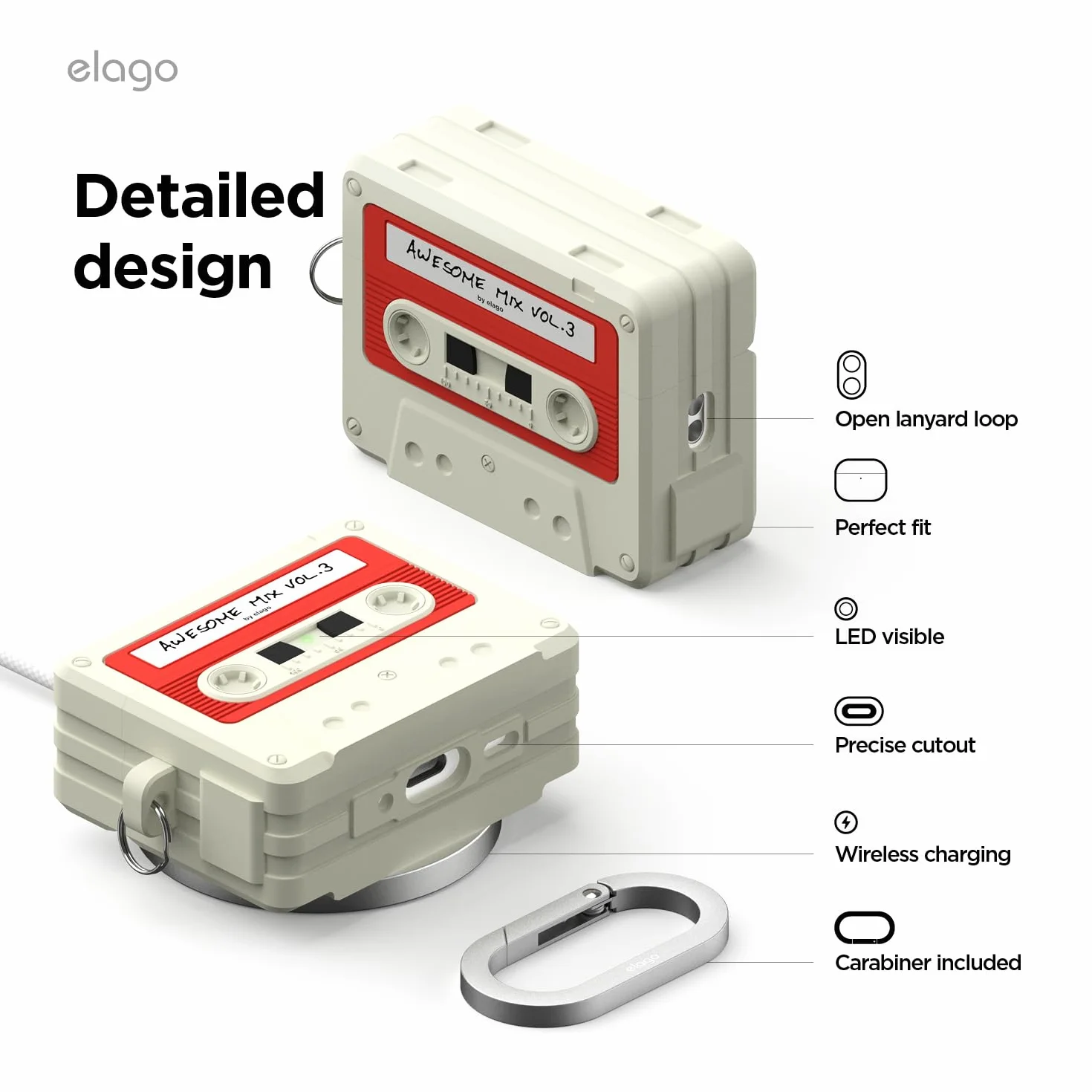 elago Custodia a Cassetta Retro Compatibile con AirPods Pro 3, con Moschettone, Ricarica Wireless, Antiurto, in Silicone Morbido, LED Frontale Visibile (Bianco Classico)