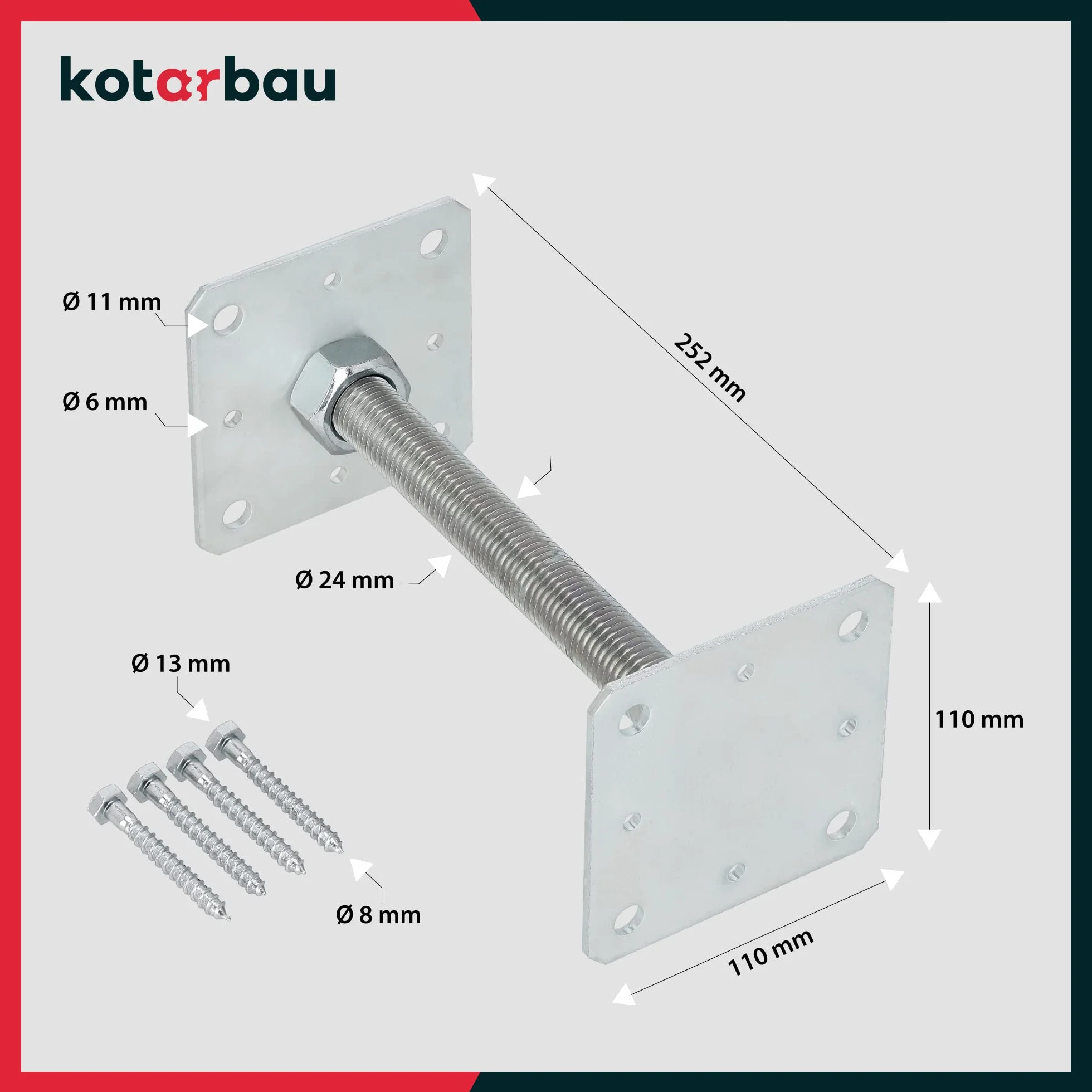 KOTARBAU Supporto per Pali in Legno Regolabile 110x110x250 mm M24 Acciaio Zincato