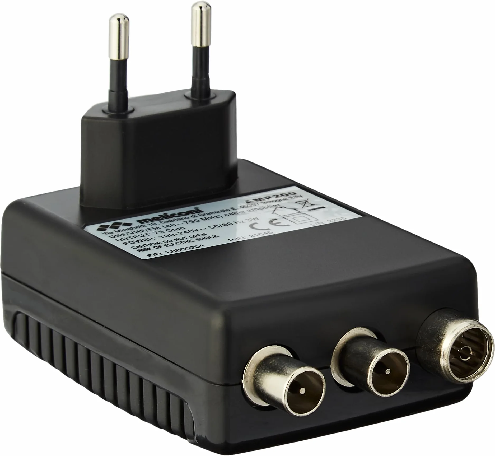 Meliconi AMP200, Amplificatore Segnale Digitale Antenna TV, a 2 Vie, Alimentazione Diretta 230 Vac / 50 Hz 3W, Gamma di frequenza 40 – 790 MHz, 1 ingresso / 2 uscite 75 Ohm, fino a 20 dB
