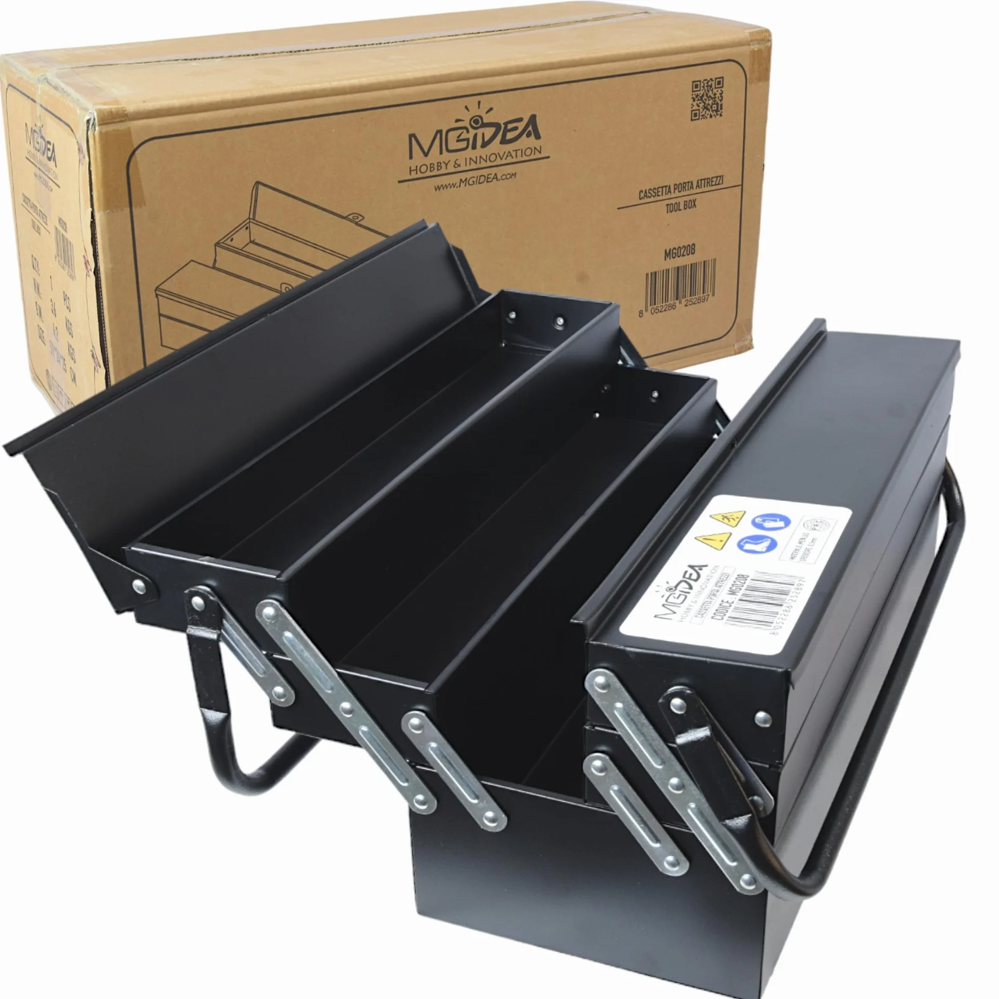 Valigetta porta attrezzi in metallo 5 scomparti acciaio nero opaco professionale 470x300x200 mm