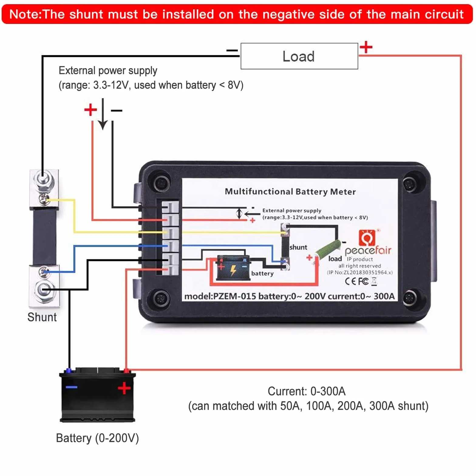 DC Shunt Battery Monitor Voltmetro DC 0-200V Shunt 100A Amperometro Digitale, Capacità della Batteria Misuratore, Multimetro Tensione Corrente per Batteria Auto RV Solare (PZEM-015+300A shunt)