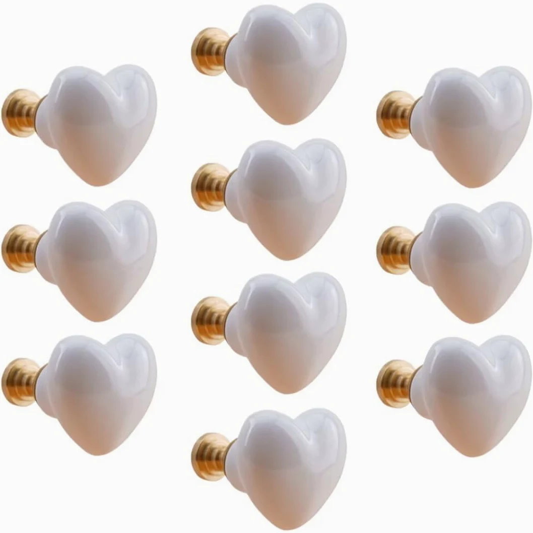 10 pomelli in ceramica a forma di cuore, per mobili da cucina, armadietti, cassetti, per la camera dei bambini, per comò, armadi, decorazioni per la casa, con base in ottone