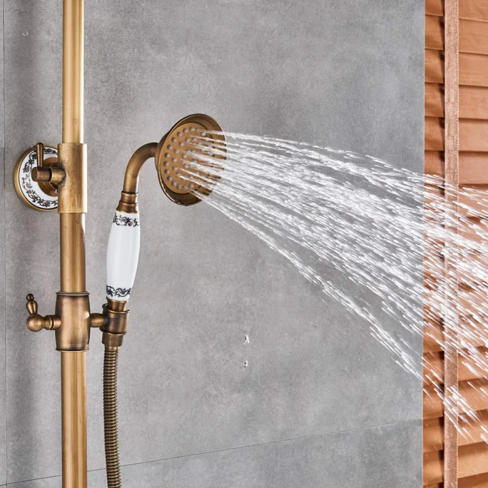 Set di rubinetti per Doccia di Lusso con Doppia Maniglia, 8 miscelatori per Bagno a Pioggia con doccetta in Colonna per Vasca da Bagno con Sistema a Parete, Rubinetto in Bronzo NER