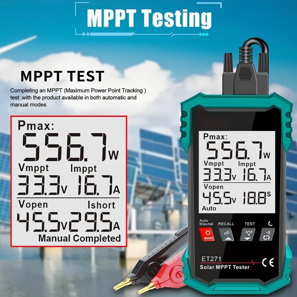ET271 Misuratore di energia solare con tester fotovoltaico 2000W per moduli fotovoltaici, display da 3,2", protezione da sovratensione, registrazione dati, blu