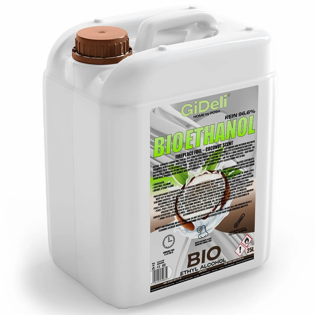 GiDeli Bioetanolo 25 l profumo di cocco 96,6% etanolo per camini interni ed esterni, senza fumo e fuliggine, da mais e barbabietola da zucchero