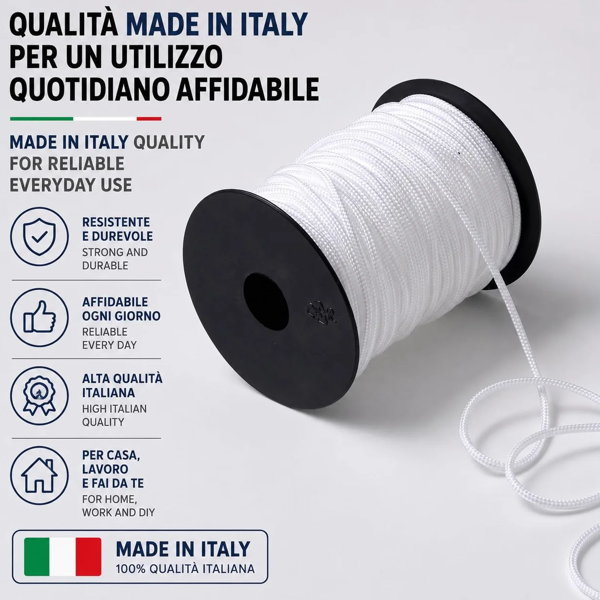 IPEA Treccia per Veneziana Bianca 3 mm in Nylon – [ 50 METRI ] – Made in Italy – Corda per Tende a Pacchetto, Mantovane, Tapparelle, Accessori, Fai Da te – Cordino Bianco Multiuso - Spessore 3 mm
