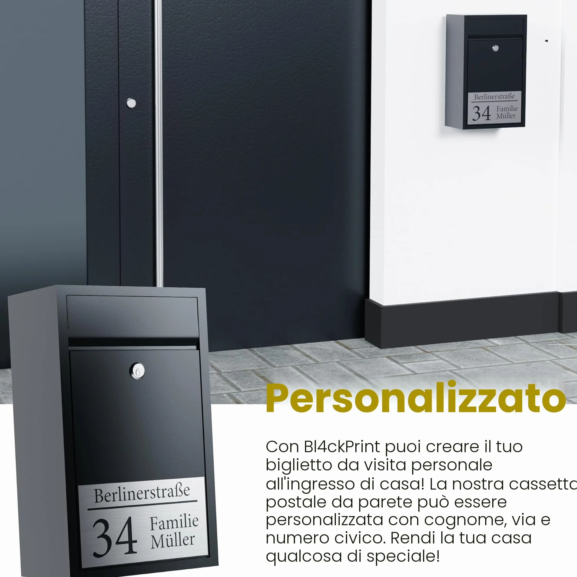 Bl4ckPrint Cassetta delle lettere antracite personalizzabile nome numero civico da parete